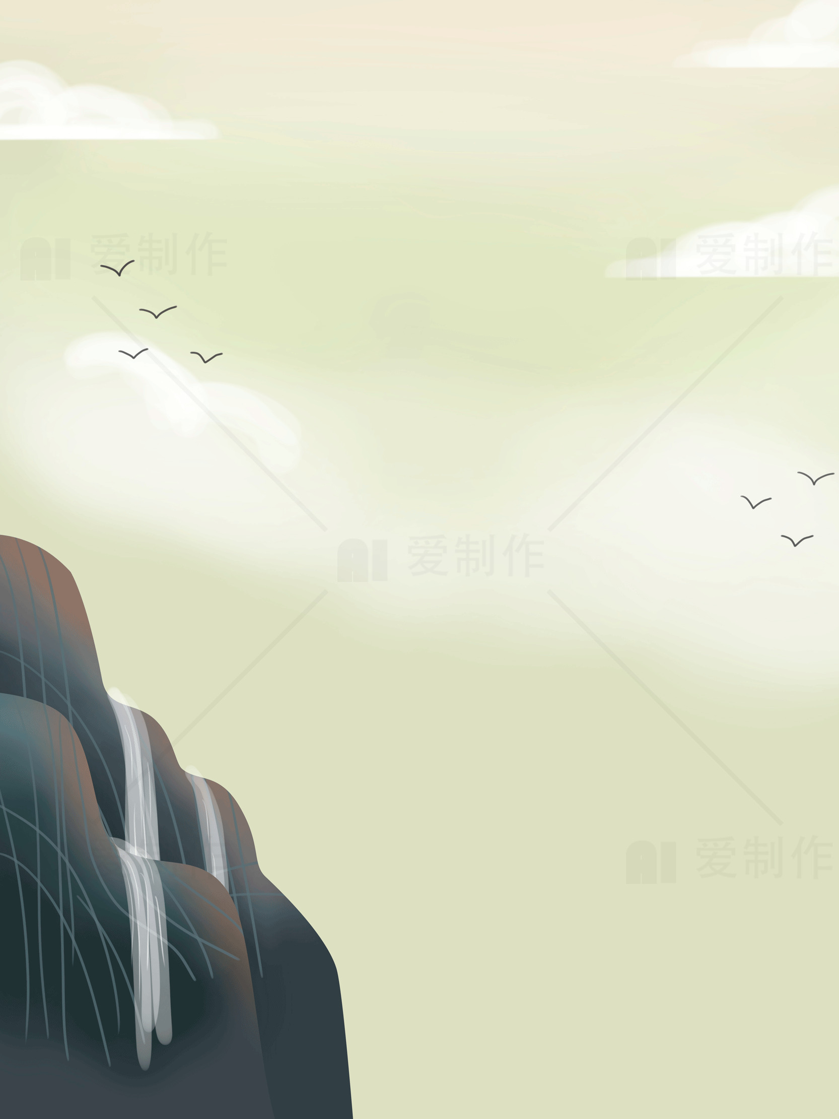 宁静山水风景插画：瀑布与飞鸟素材
