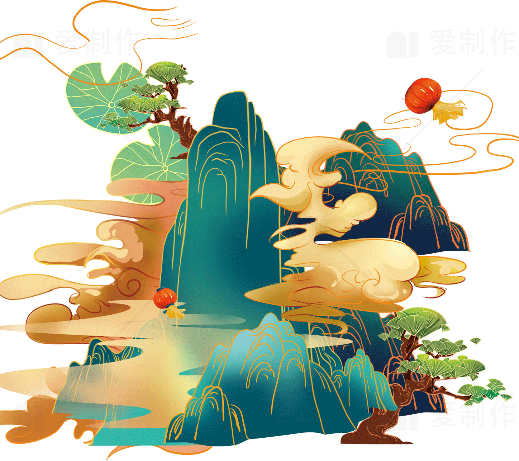 中国传统山水画插画素材
