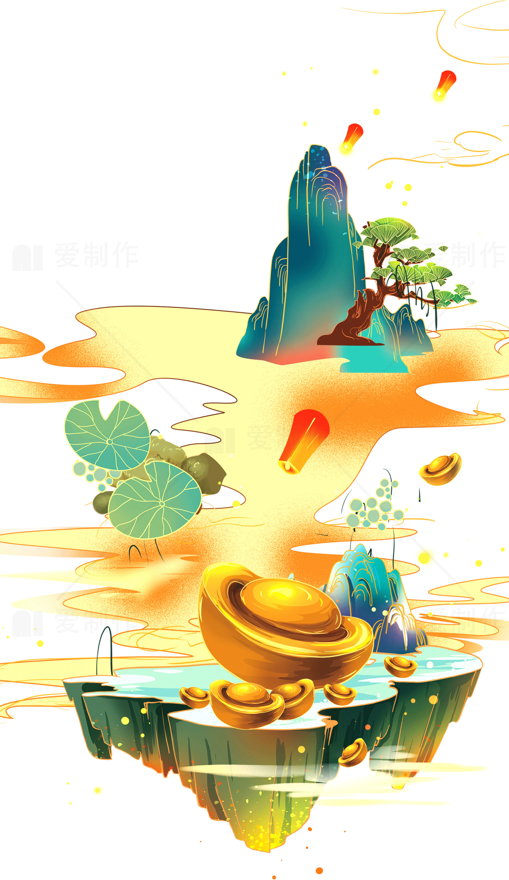 中国风山水插画：金元宝与山川美景素材