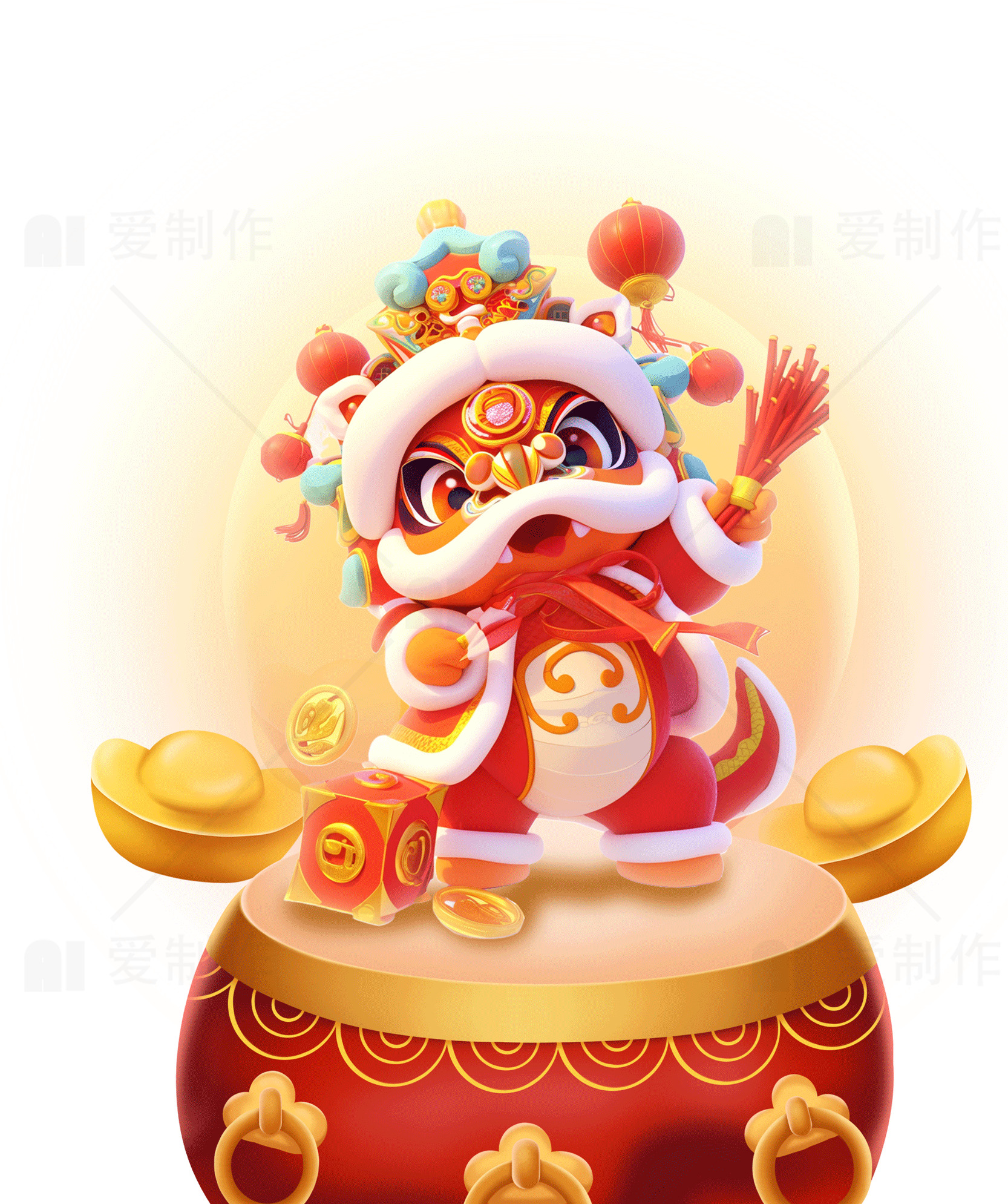 新年吉祥物：可爱的小狮子舞素材