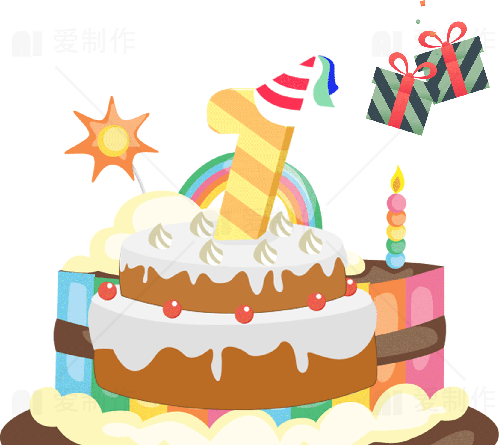 儿童生日蛋糕图片 - 彩虹和礼物装饰素材