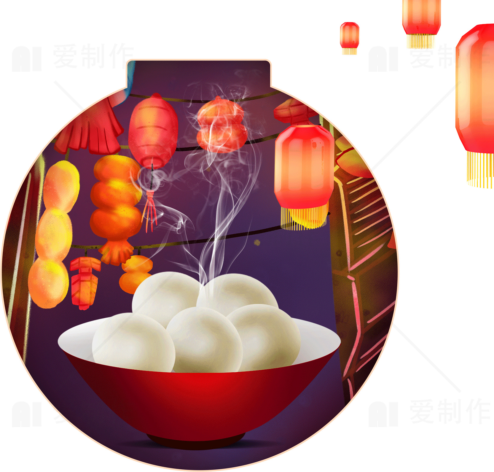 元宵节庆祝：红灯笼与汤圆的传统节日氛围素材