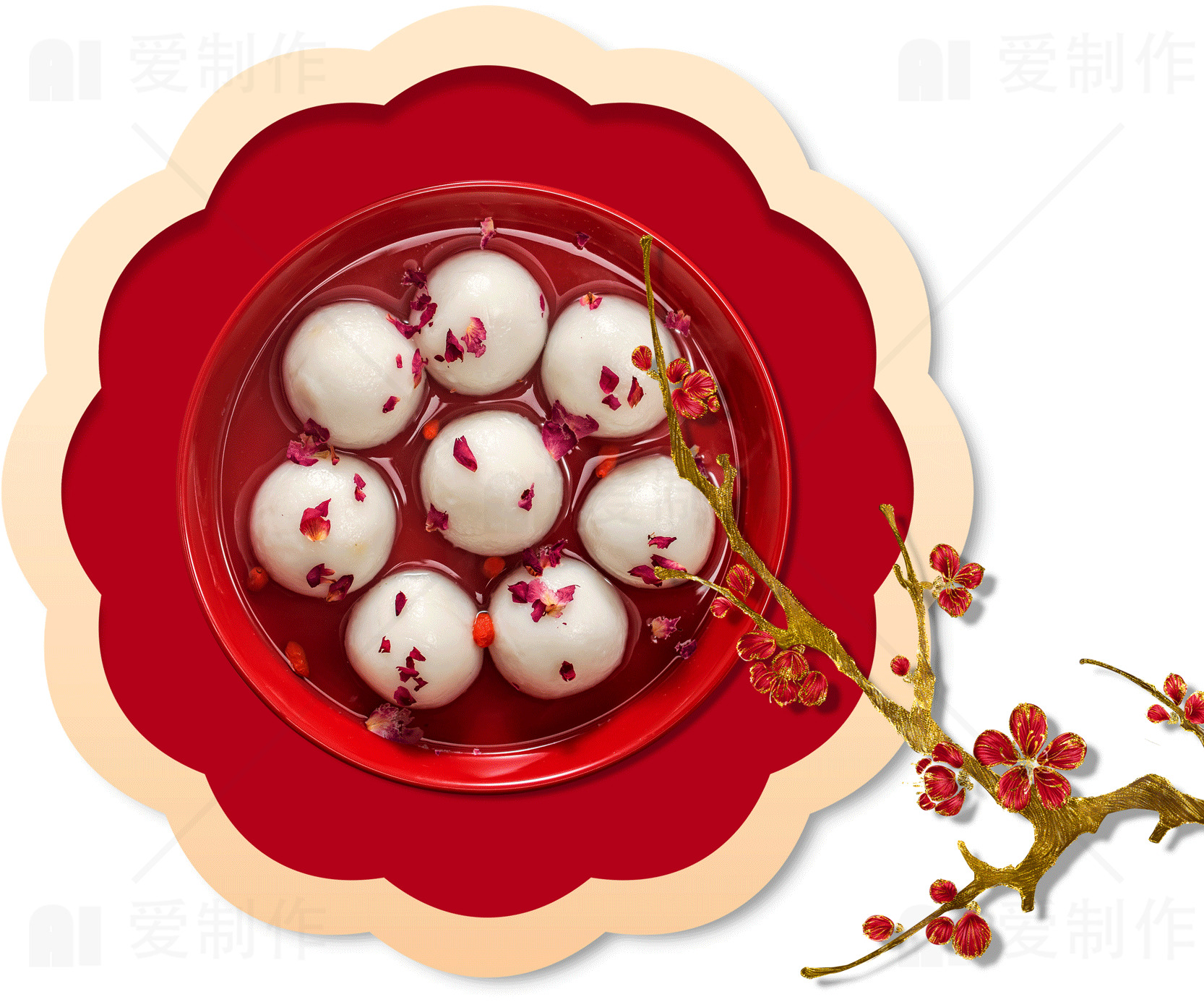 传统元宵节美食：玫瑰花汤圆素材