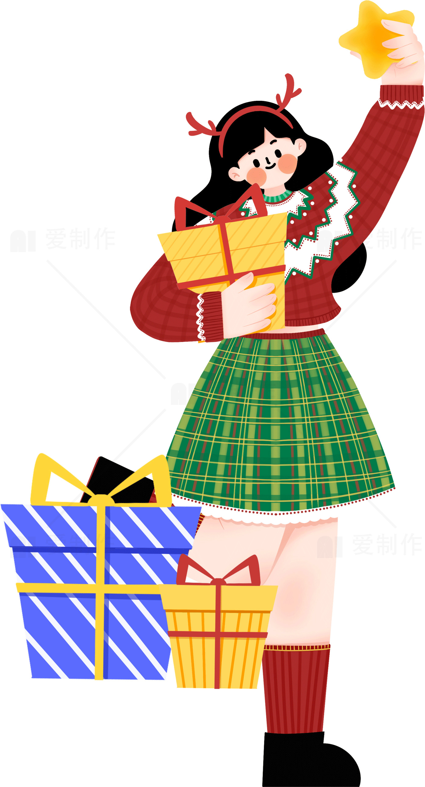圣诞节女孩与礼物插画素材