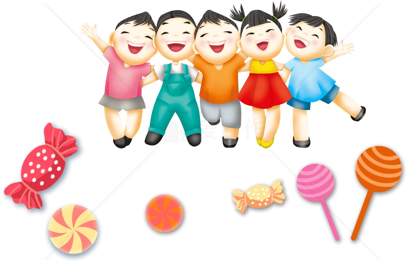 儿童快乐时光：五个孩子和糖果的卡通插画素材