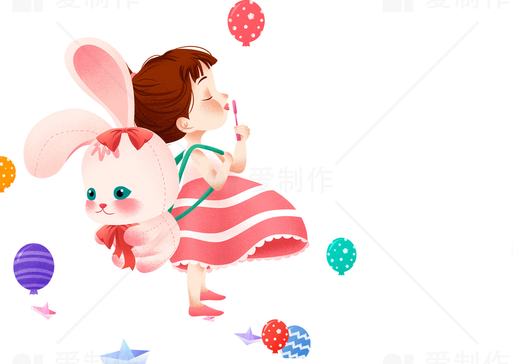 可爱女孩与兔子背包插画素材