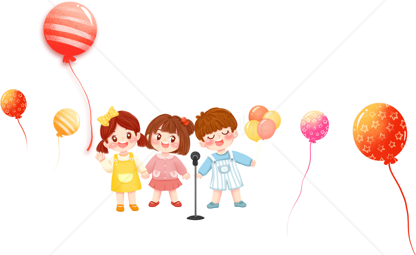 儿童派对插画：快乐的孩子们和五彩缤纷的气球素材