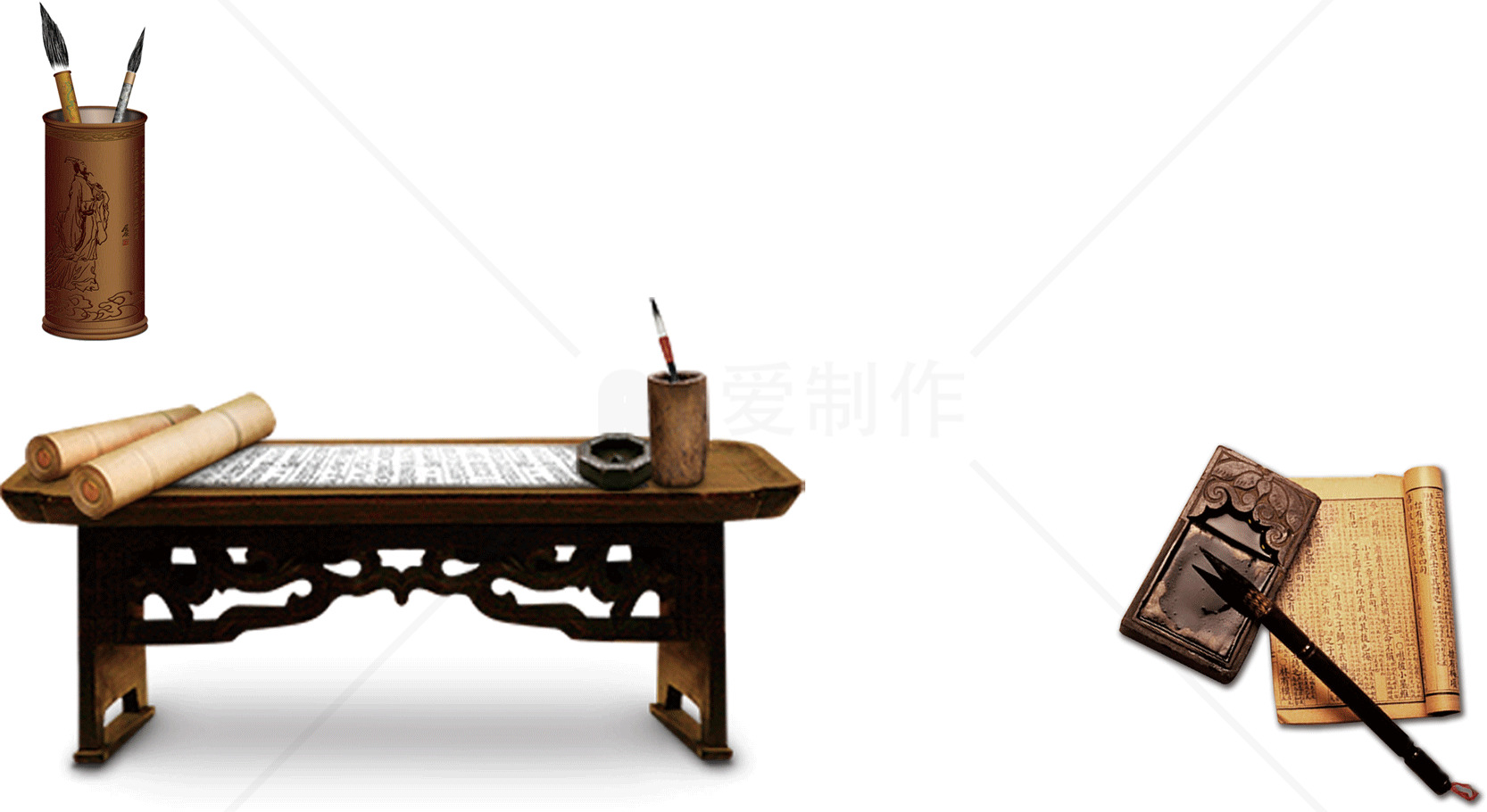 古代书法桌上的文房四宝素材