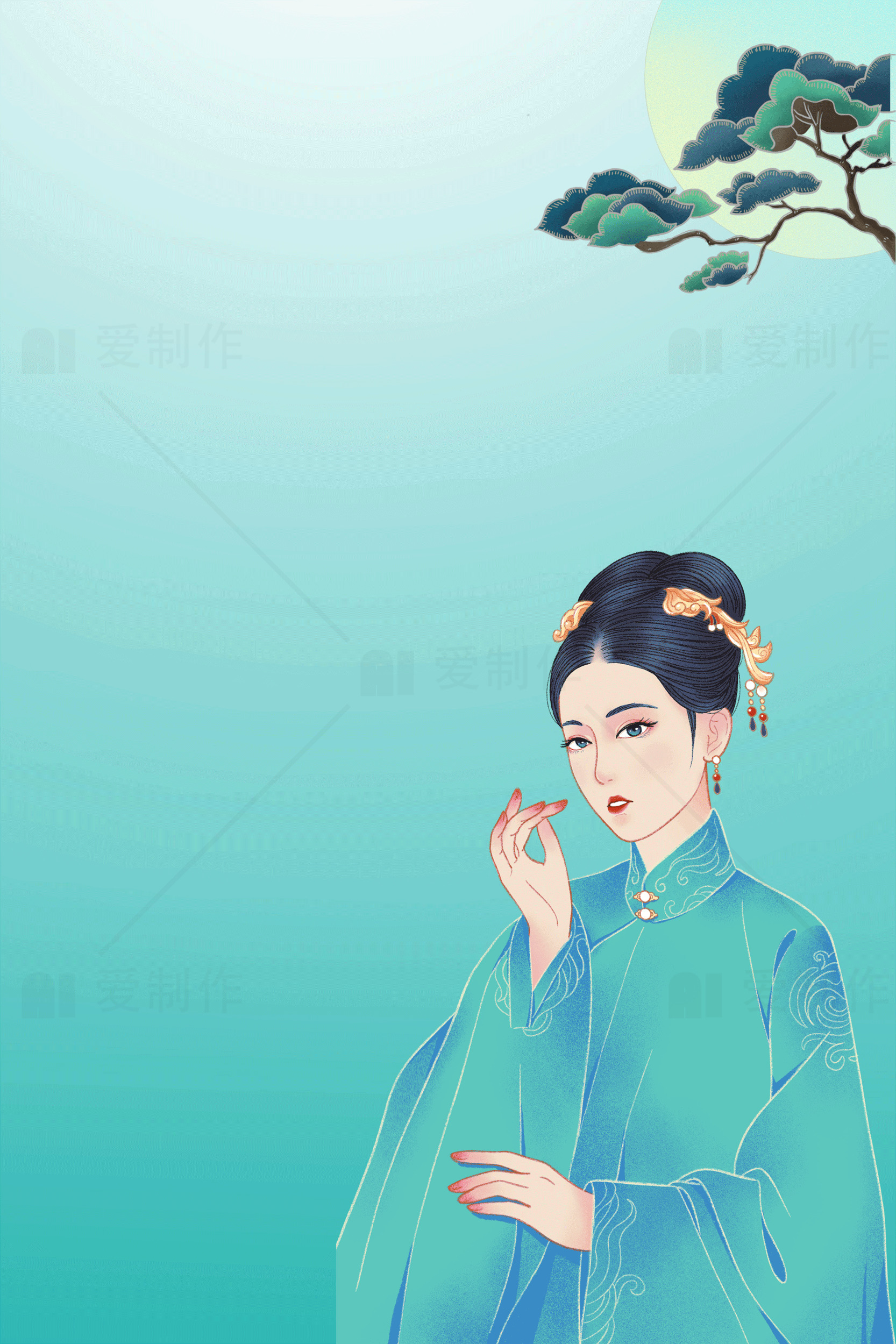 古风插画：青色背景中的古典女子素材