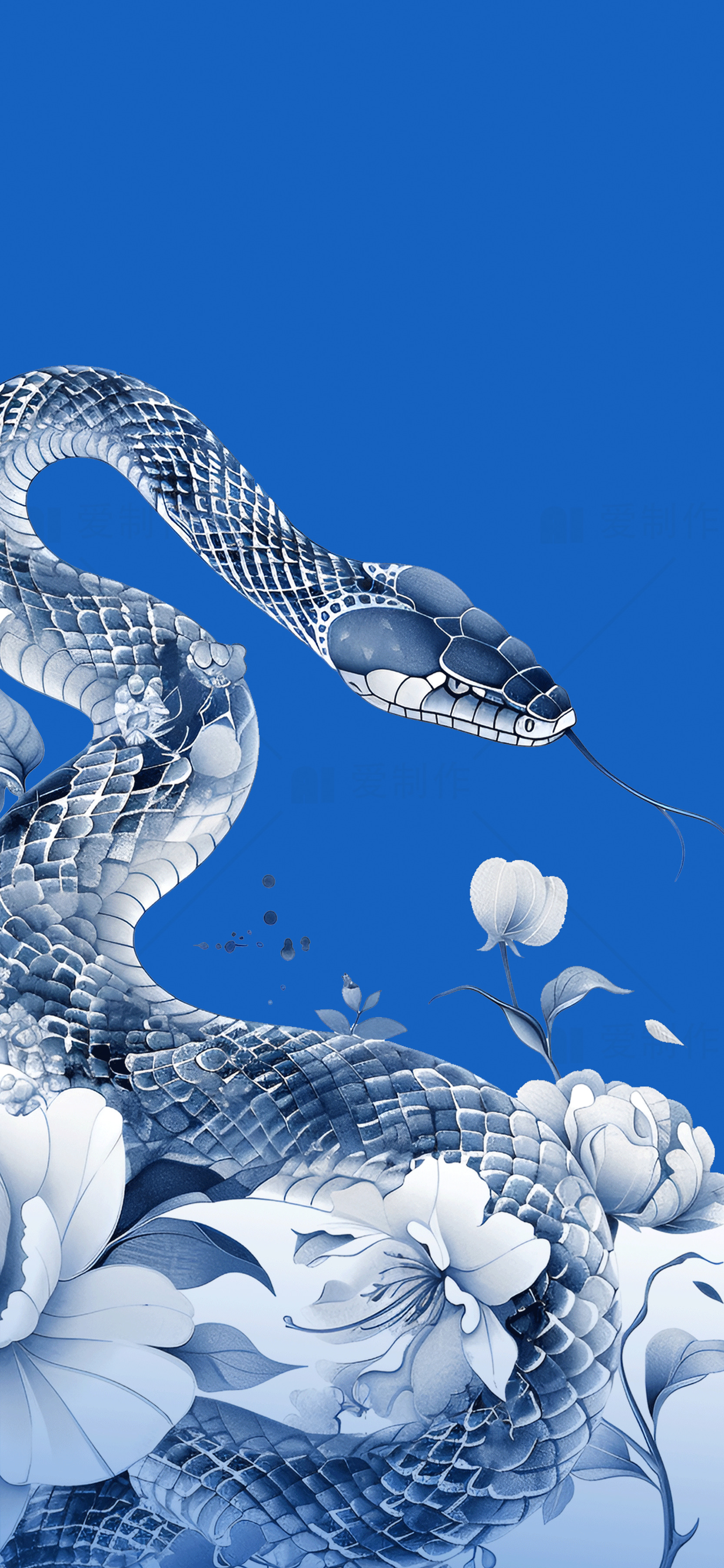 蓝色背景的蛇与花卉插画素材