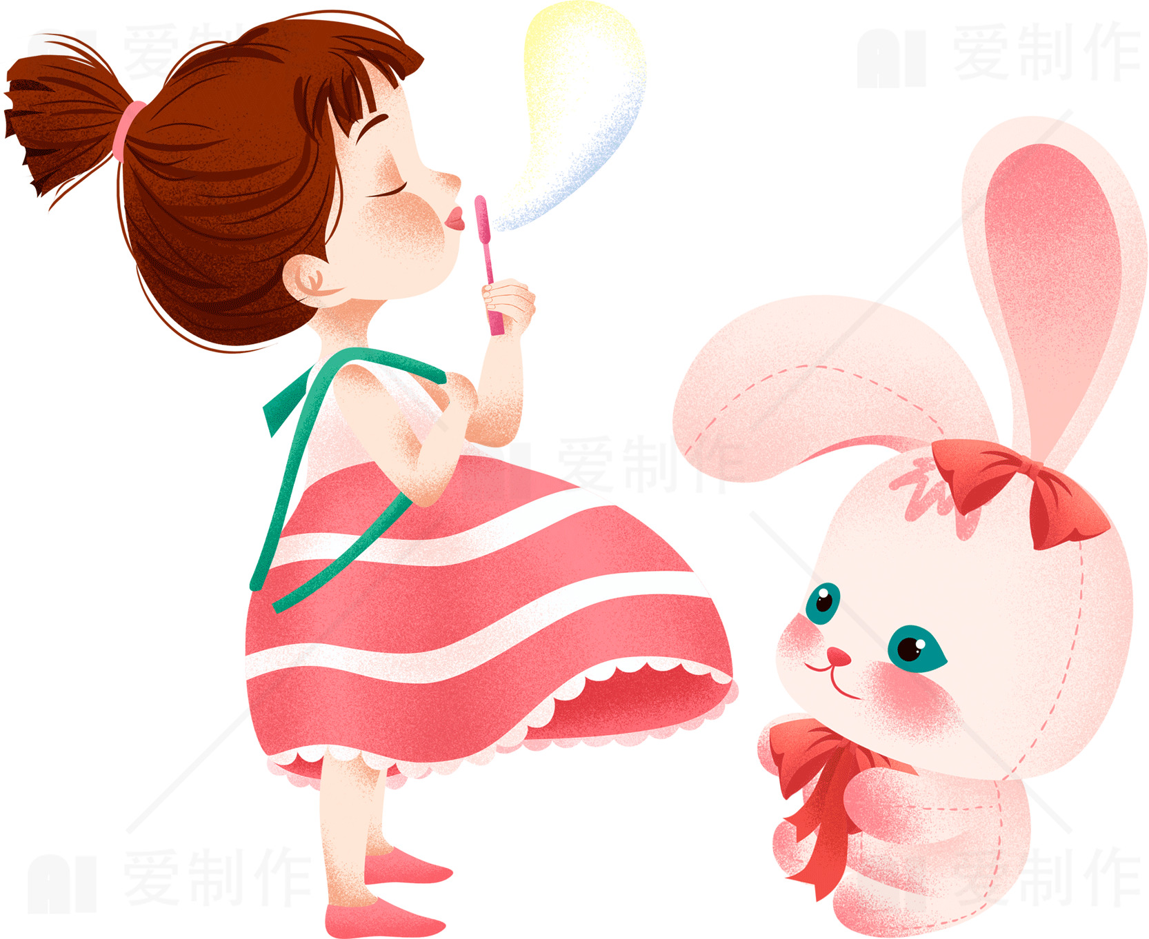 女孩与兔子的童话时光插画素材