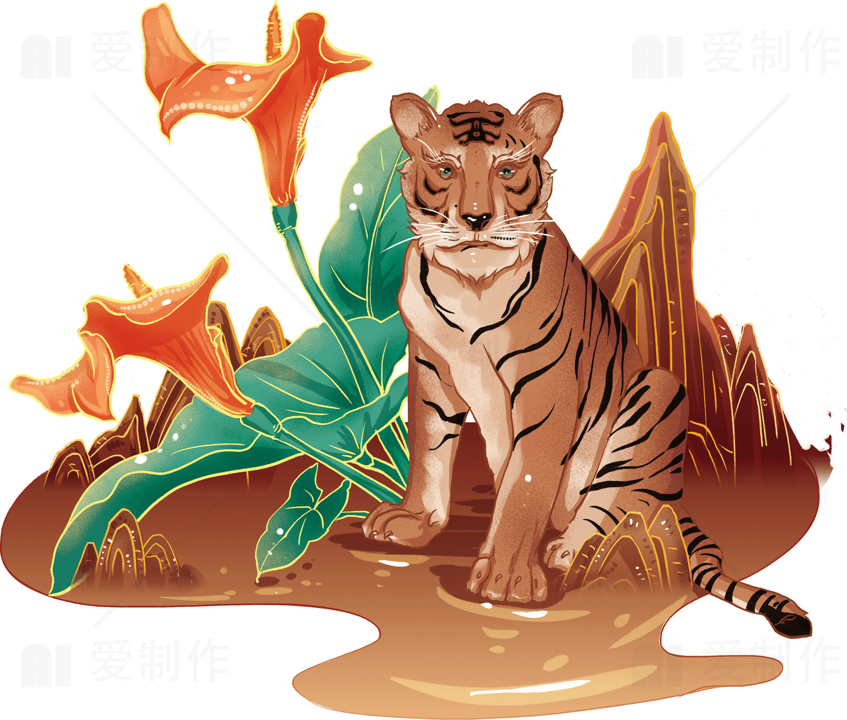 老虎与花卉插画：自然与野性的完美结合素材