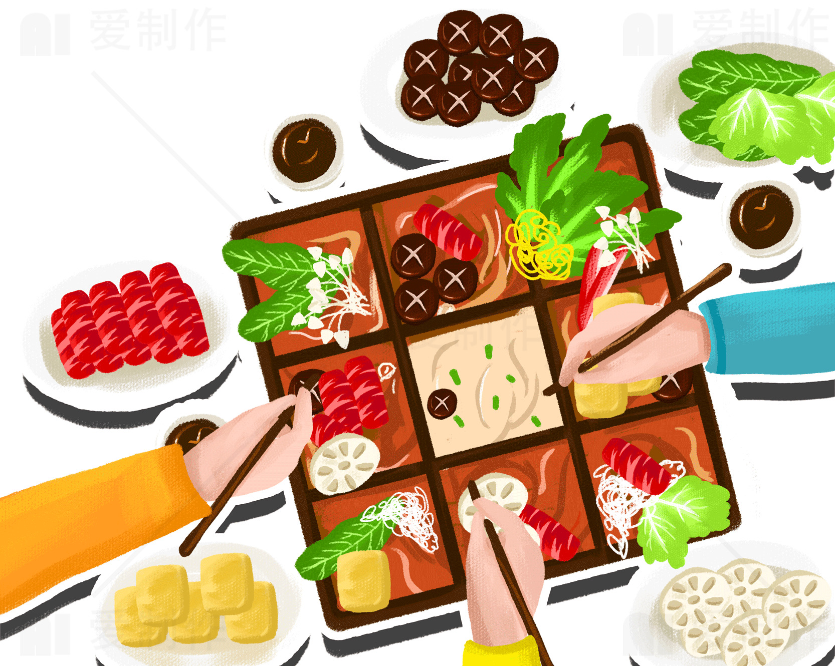 多人共享火锅美食插画素材