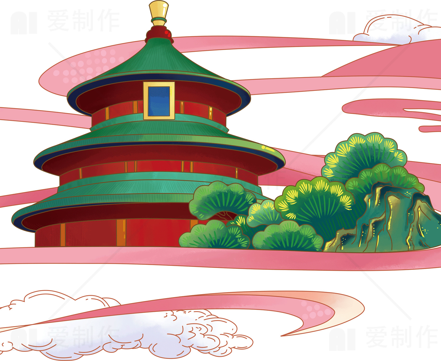 中国传统建筑插画：天坛与祥云素材
