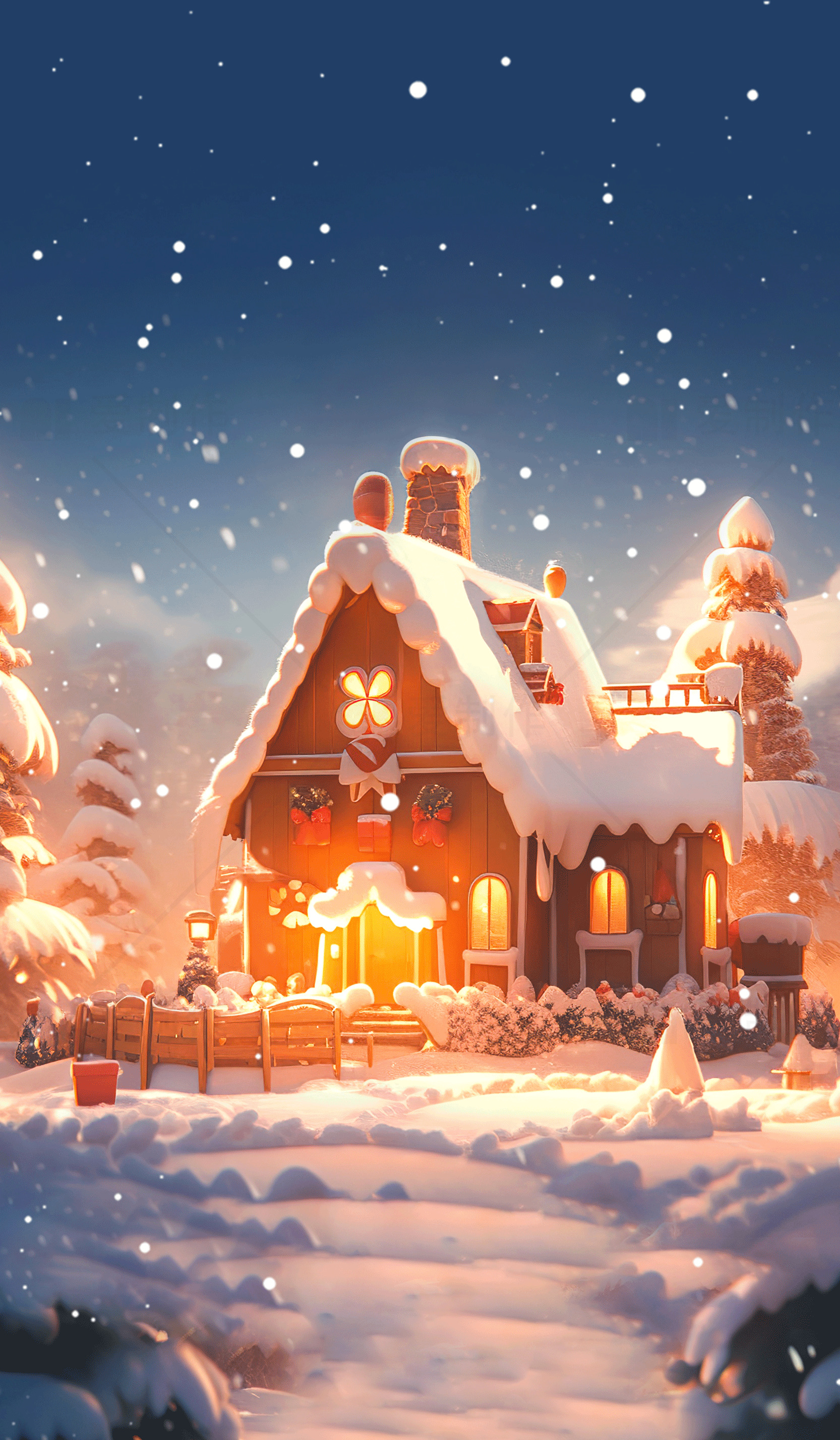 冬季雪景中的温馨小屋素材