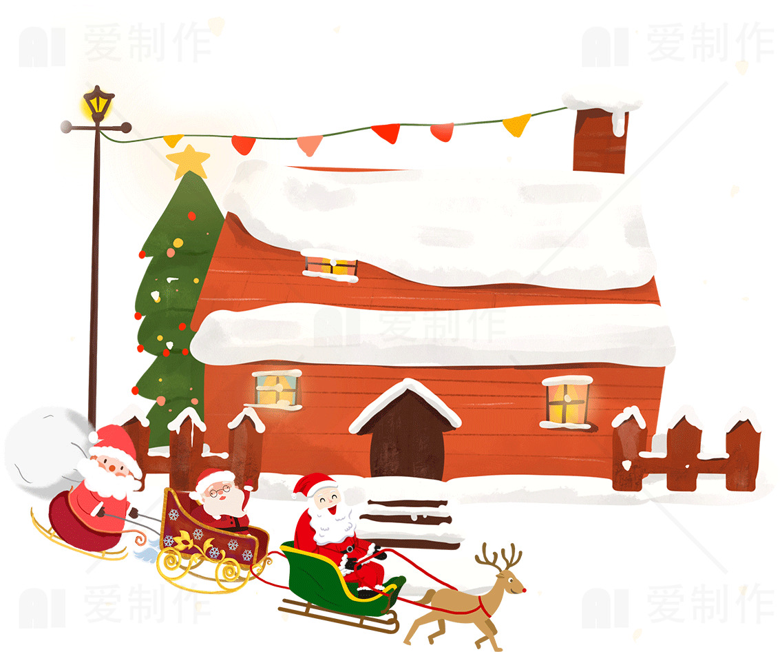 圣诞老人雪橇与圣诞小屋插画素材