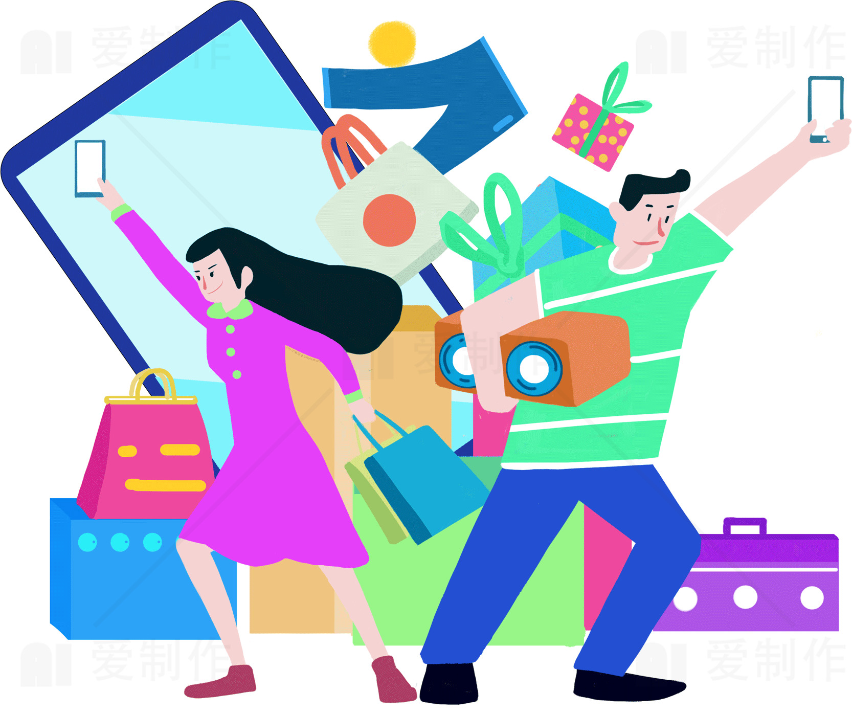 双十一购物狂欢：年轻情侣的购物之旅插画素材