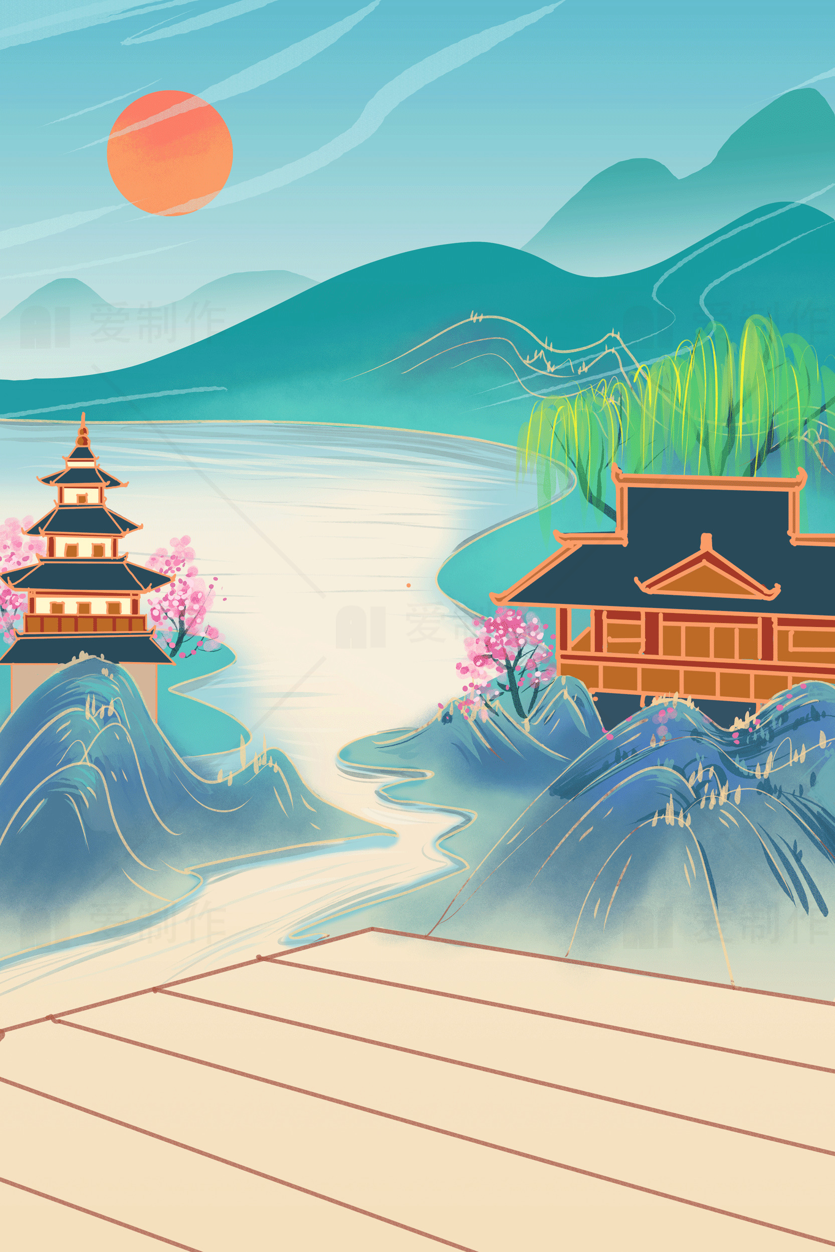 中国传统山水画风景插画素材