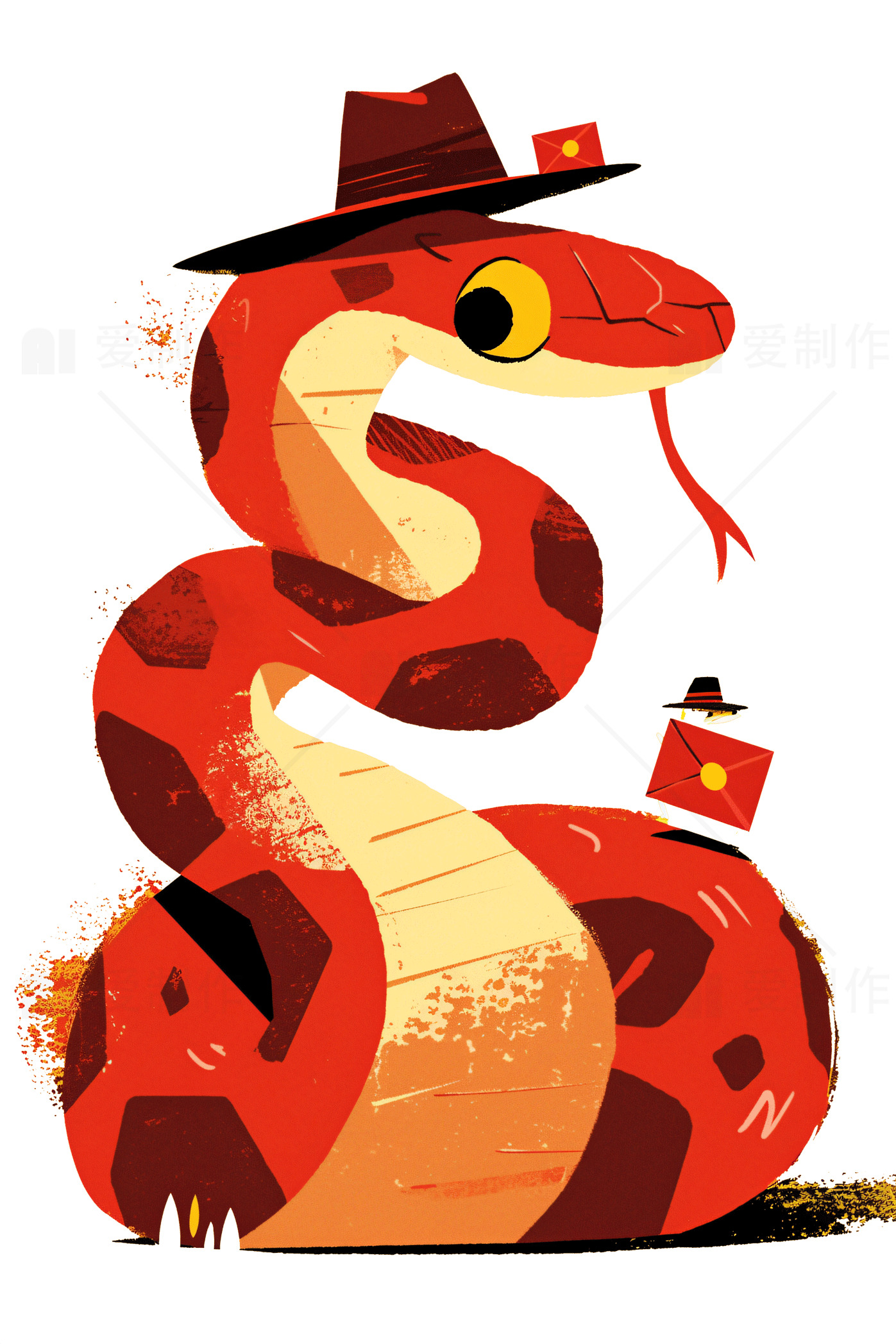 卡通蛇插画：戴帽子的红色蛇素材