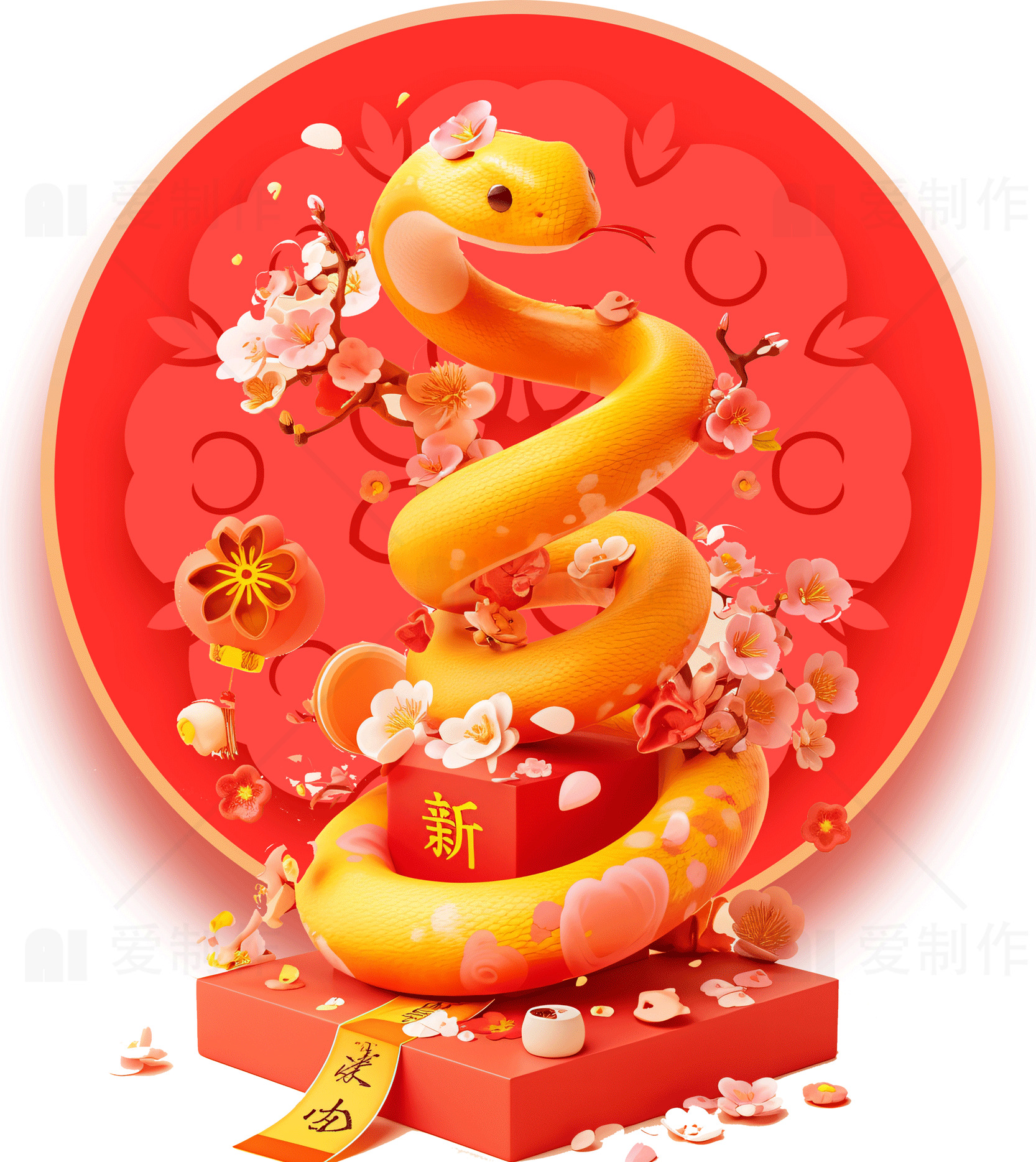 新年蛇年庆祝图：红色背景与金色蛇素材