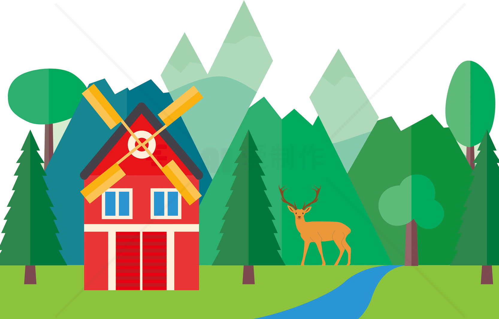 风景插画：森林中的红色风车小屋与鹿素材