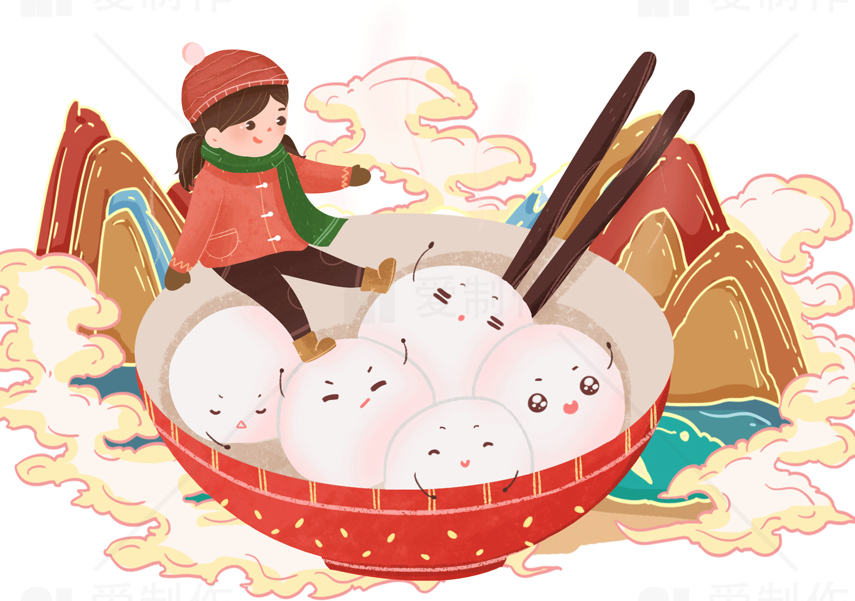 冬至节气插画：可爱的汤圆与女孩素材