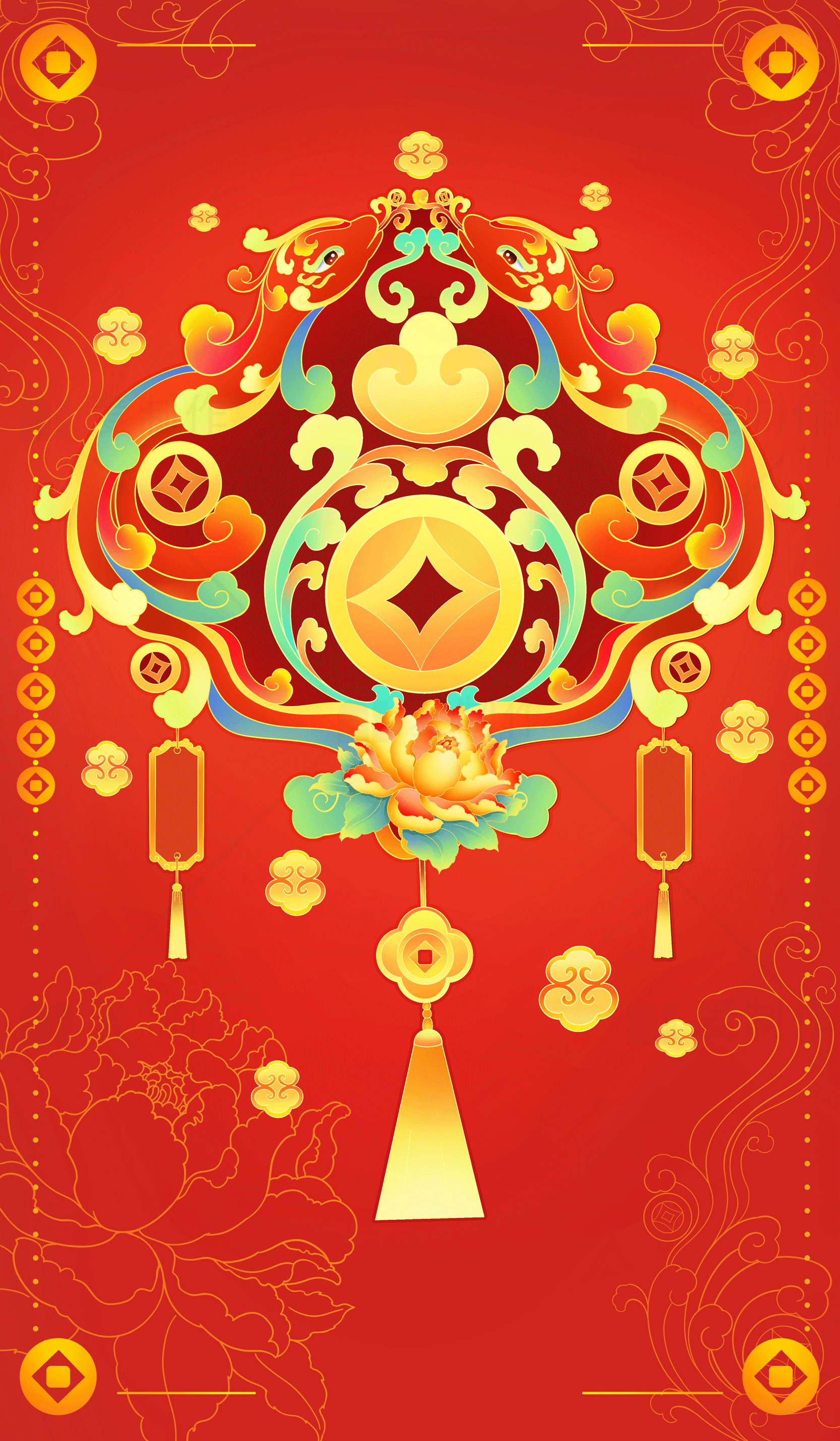 中国传统红色背景与金色装饰的节日图案素材