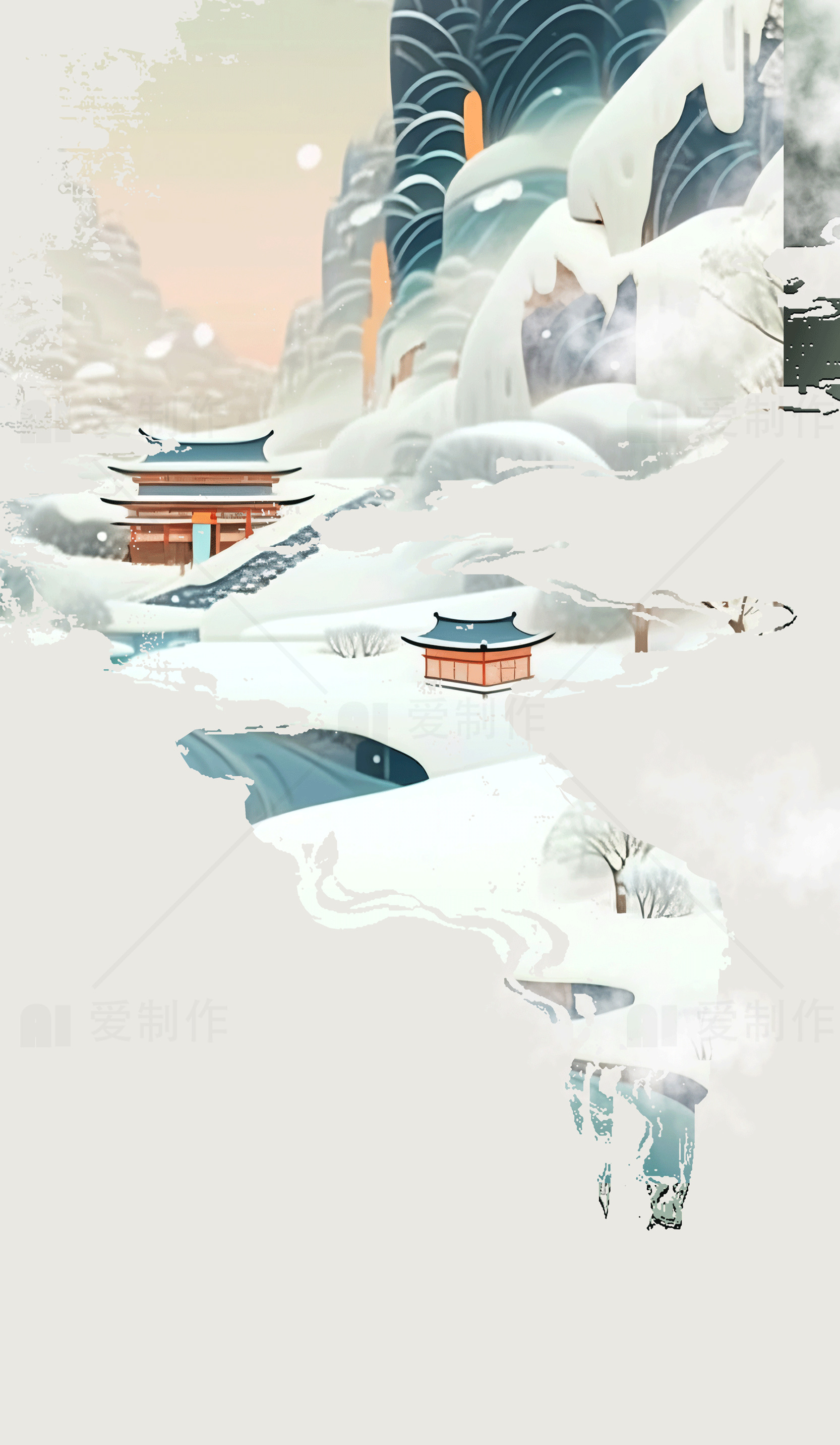 冬季雪景下的中式传统建筑插画素材