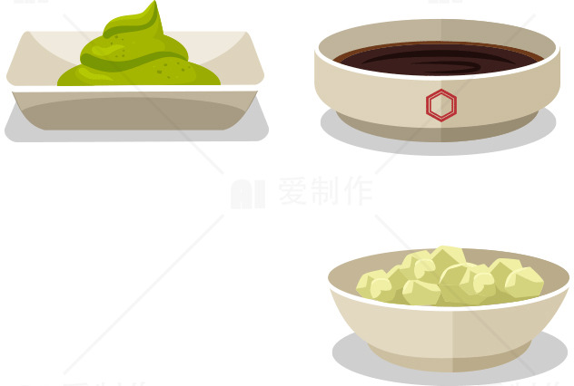 日本料理调味品插图：芥末、酱油和腌菜素材