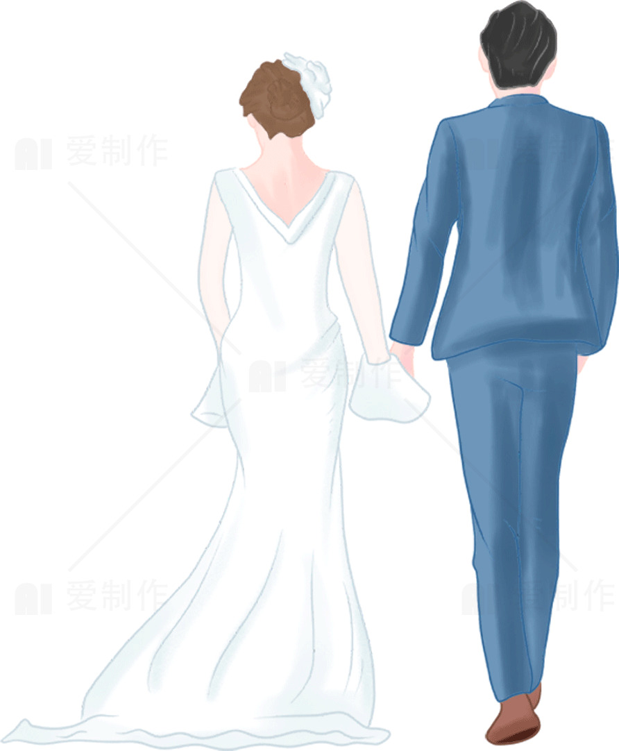 新婚夫妇背影插画：浪漫婚礼时刻素材