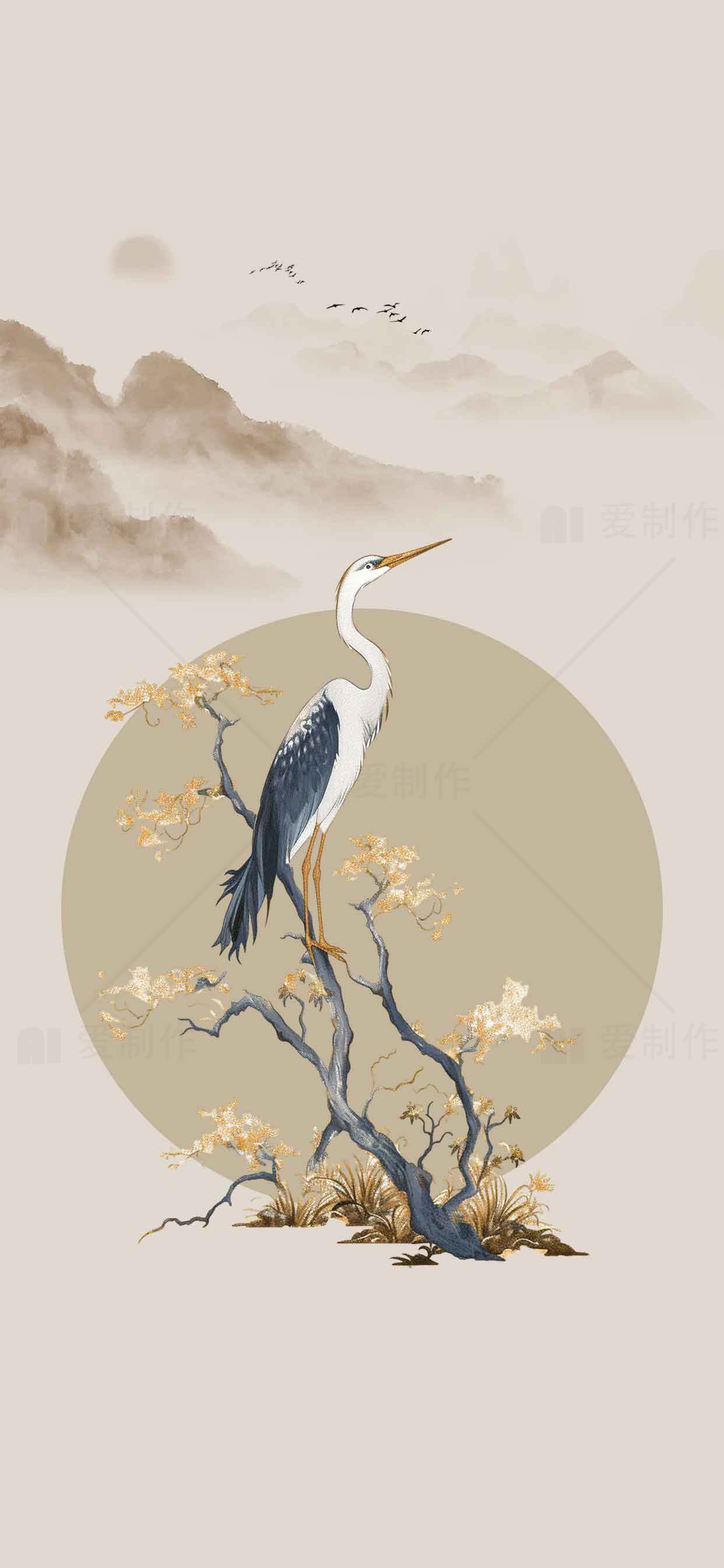 中国传统水墨画：鹤与山水风景素材