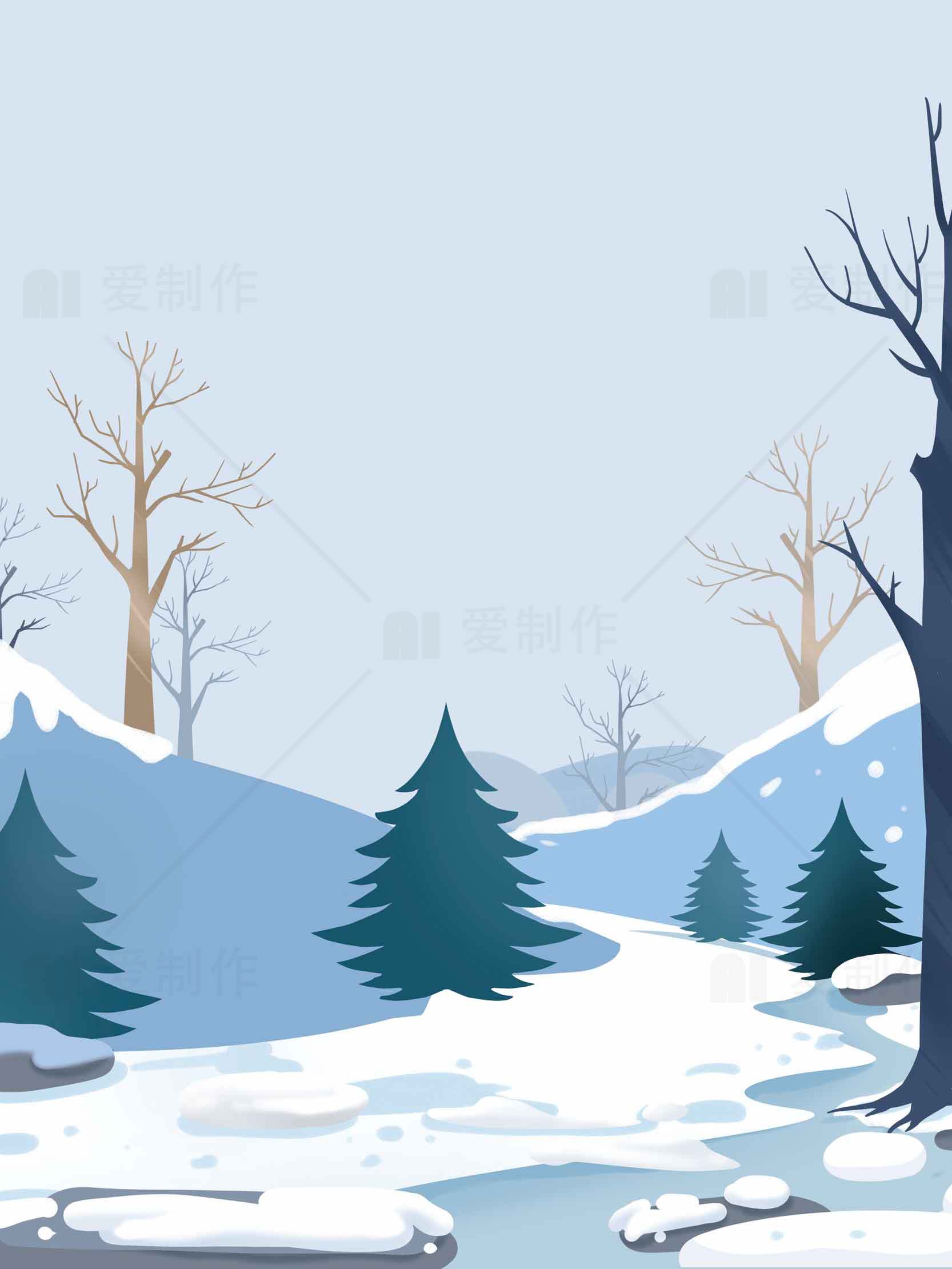 冬季雪景插画：宁静的森林雪地素材