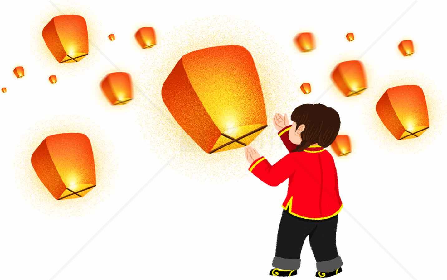 放飞孔明灯庆祝中国传统节日素材