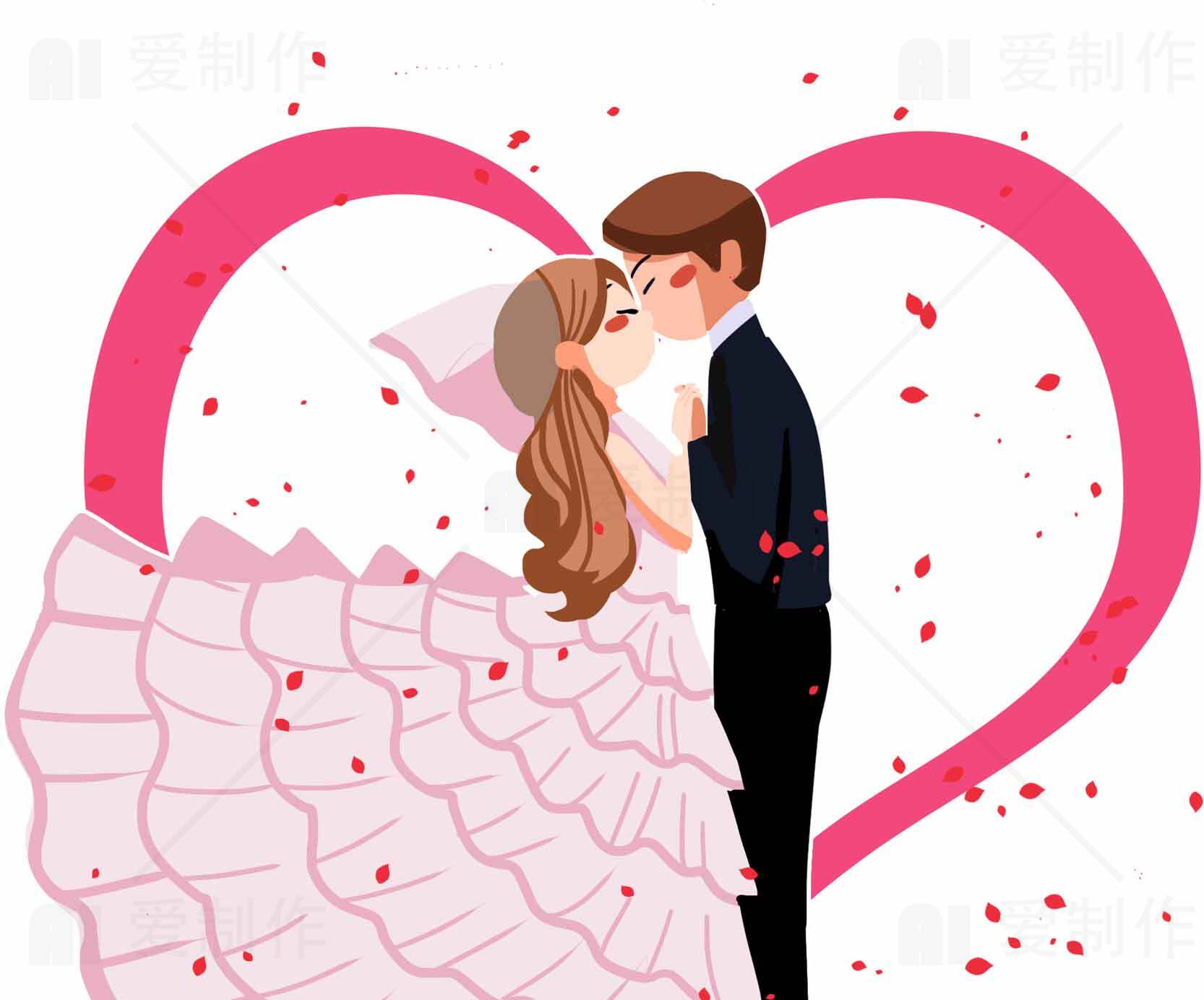 浪漫婚礼插画：新娘新郎甜蜜拥吻素材