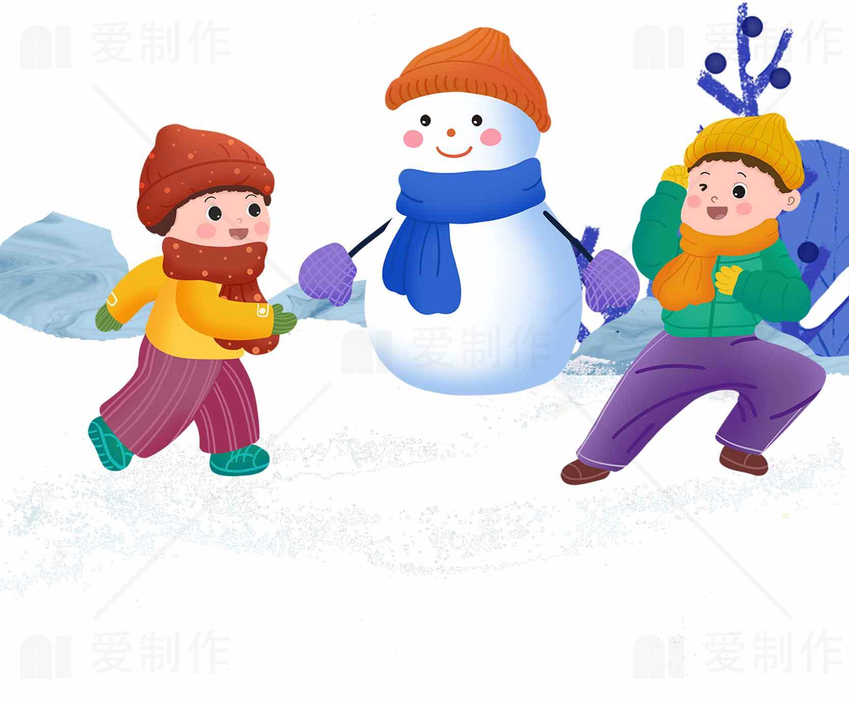 冬季儿童玩雪插画：两个孩子与雪人快乐玩耍场景素材