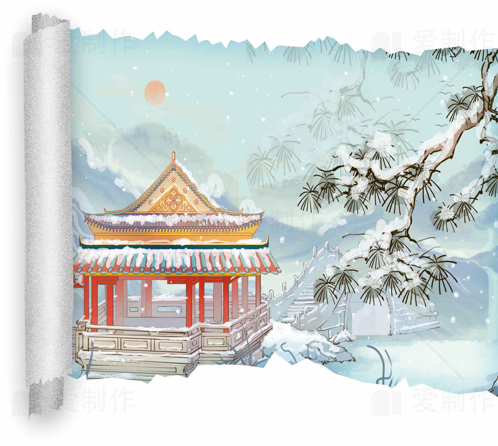 冬季雪景中的中国古建筑插画合集素材