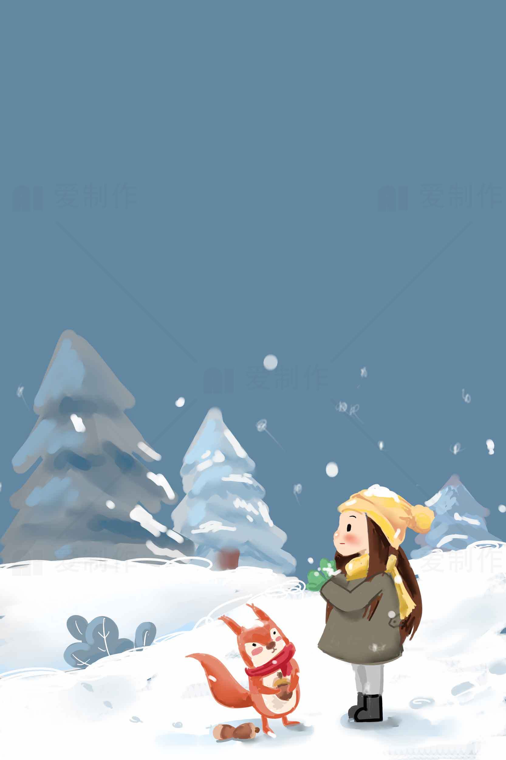 冬日童话插画：女孩与狐狸的温馨雪景素材