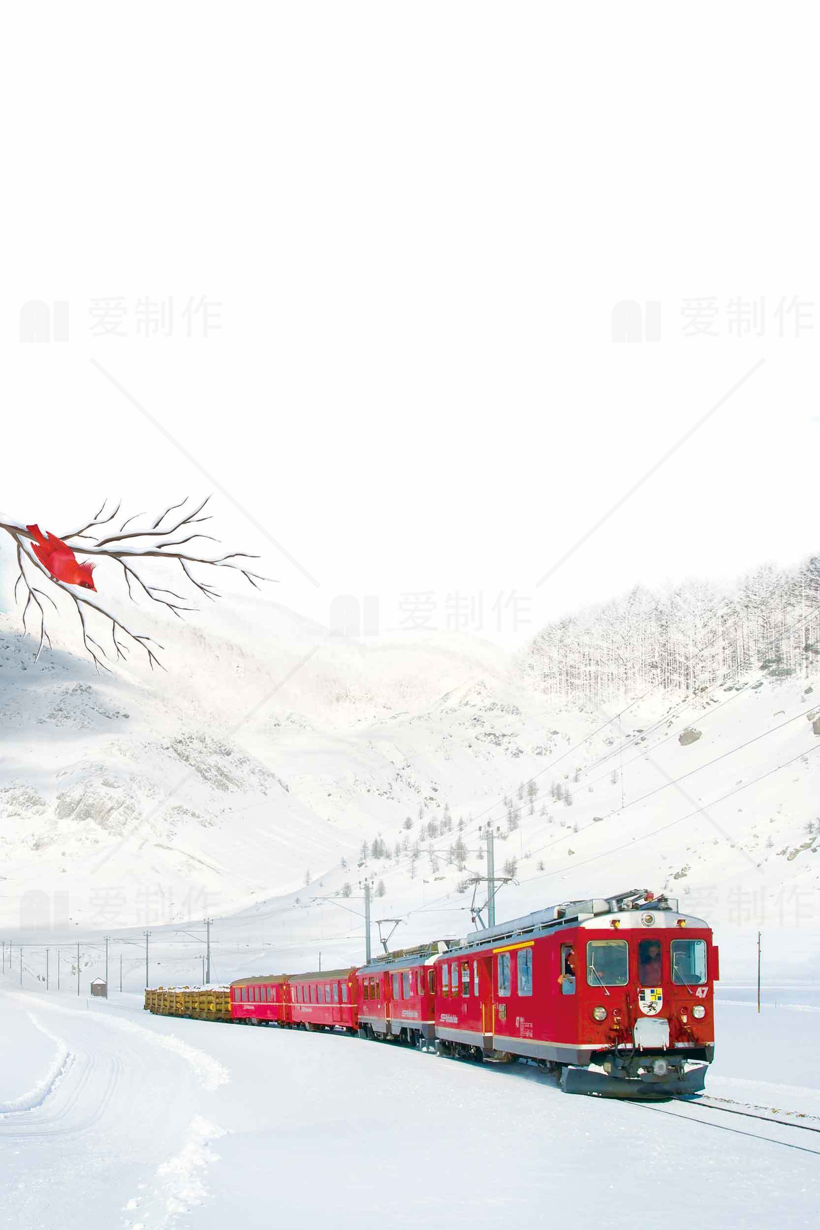 雪地红色列车穿越冬日山谷的唯美风景素材