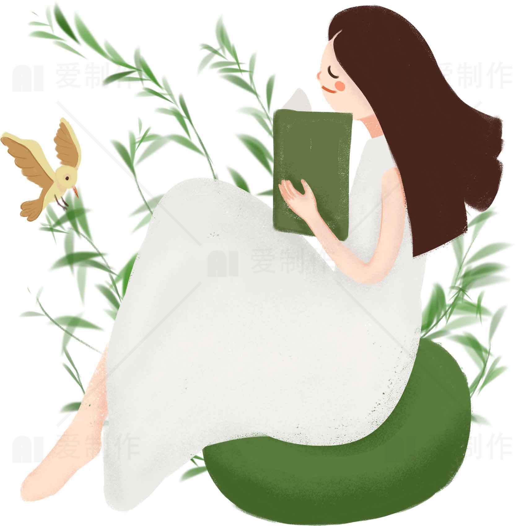 清新自然风插画：女孩阅读与鸟儿相伴素材