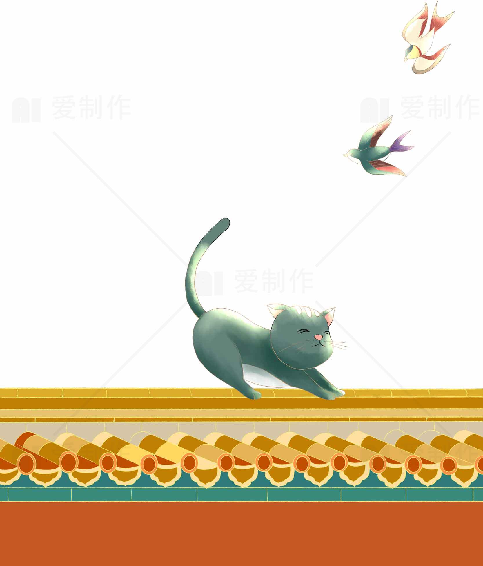猫咪追逐蝴蝶的艺术插画素材