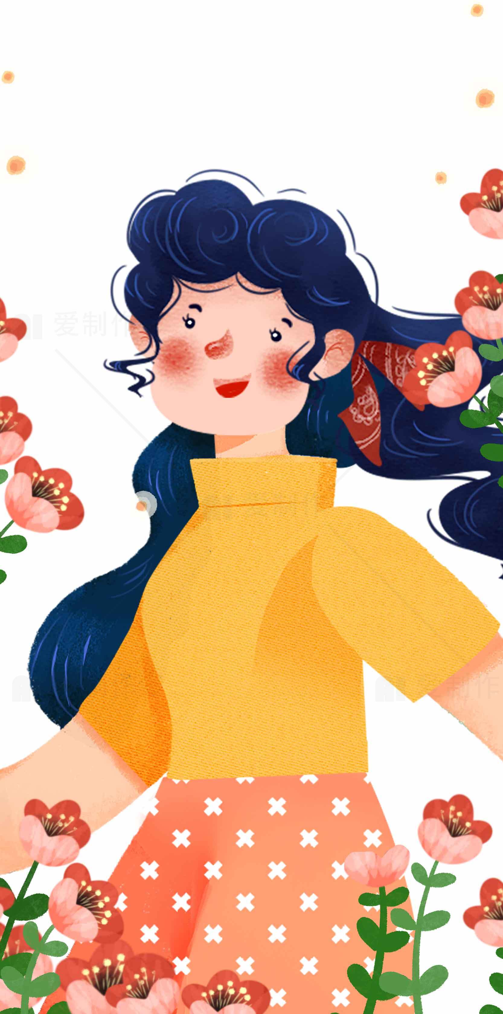 卡通长卷发女性与鲜花围绕的插画设计素材