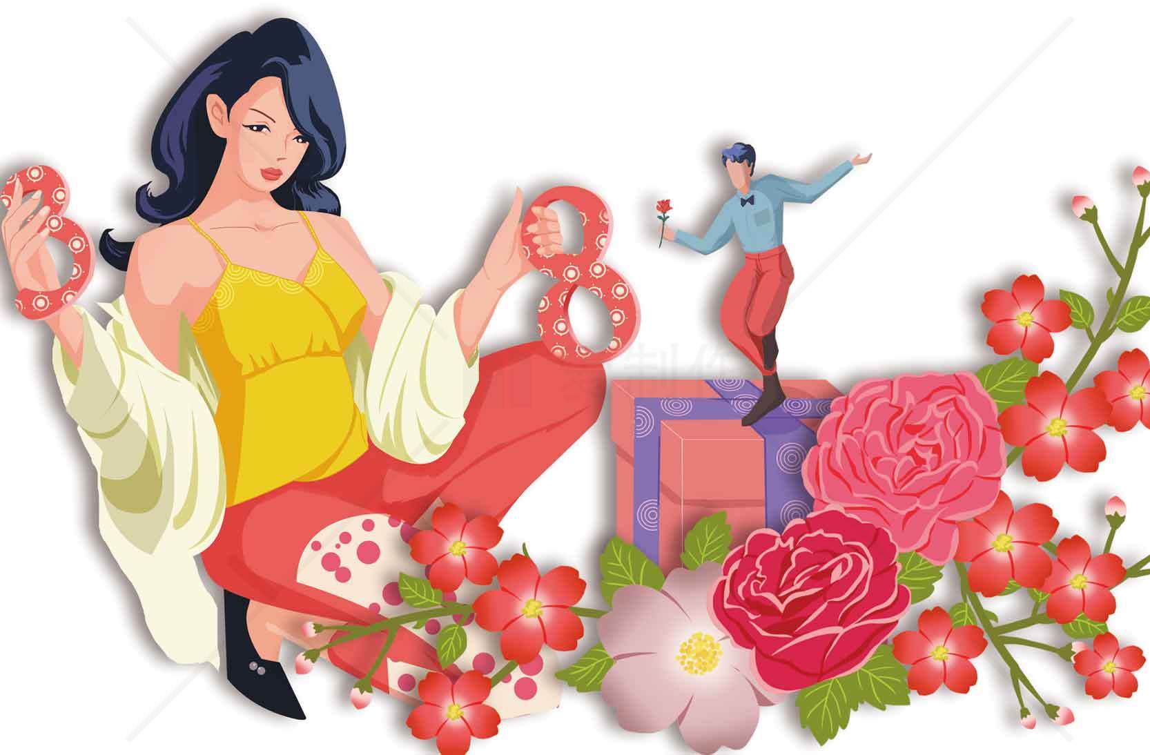 春日插画风格女性与花卉艺术设计素材