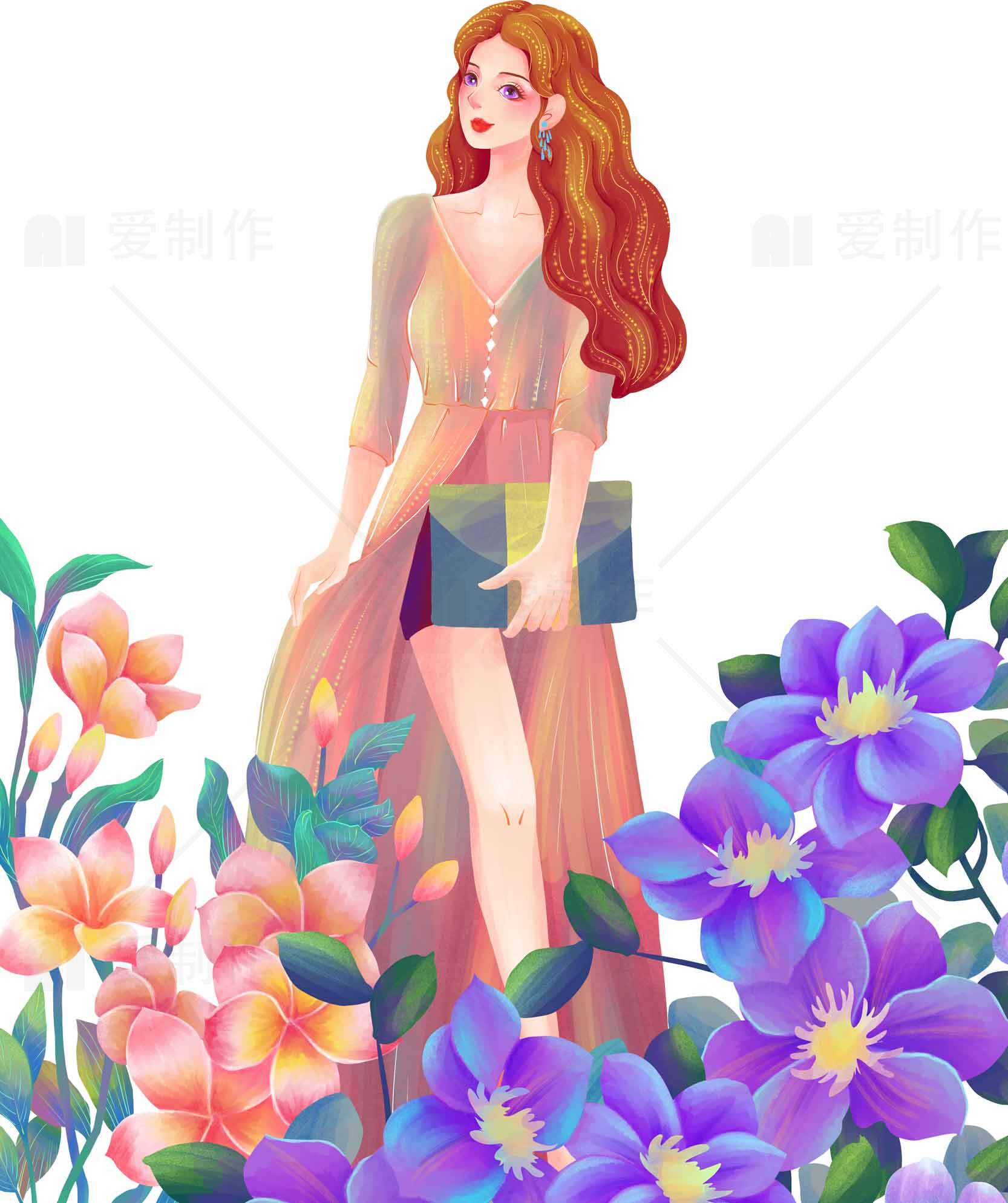 唯美插画：红发女子与花卉的浪漫邂逅素材