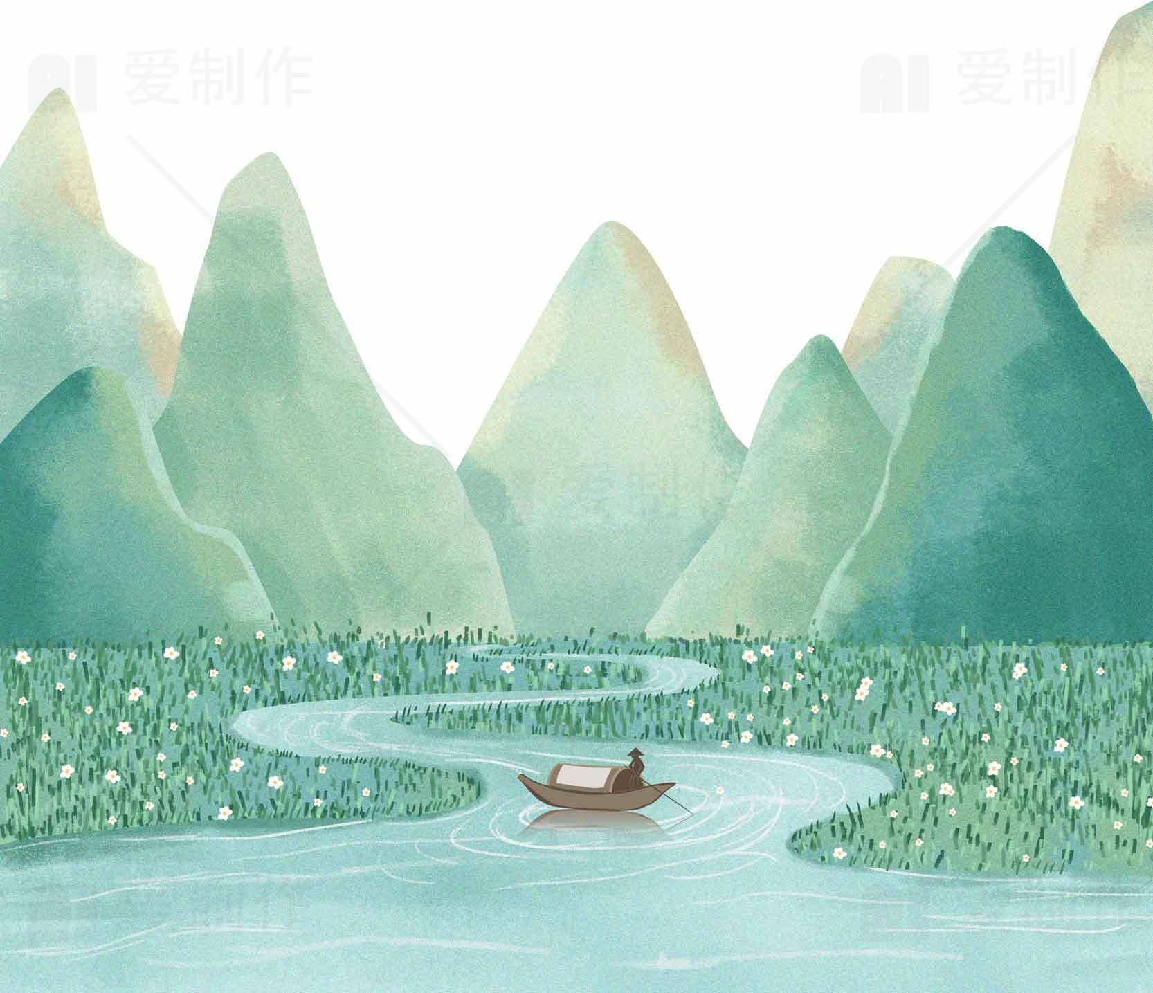 山水田园风光插画唯美意境图片素材