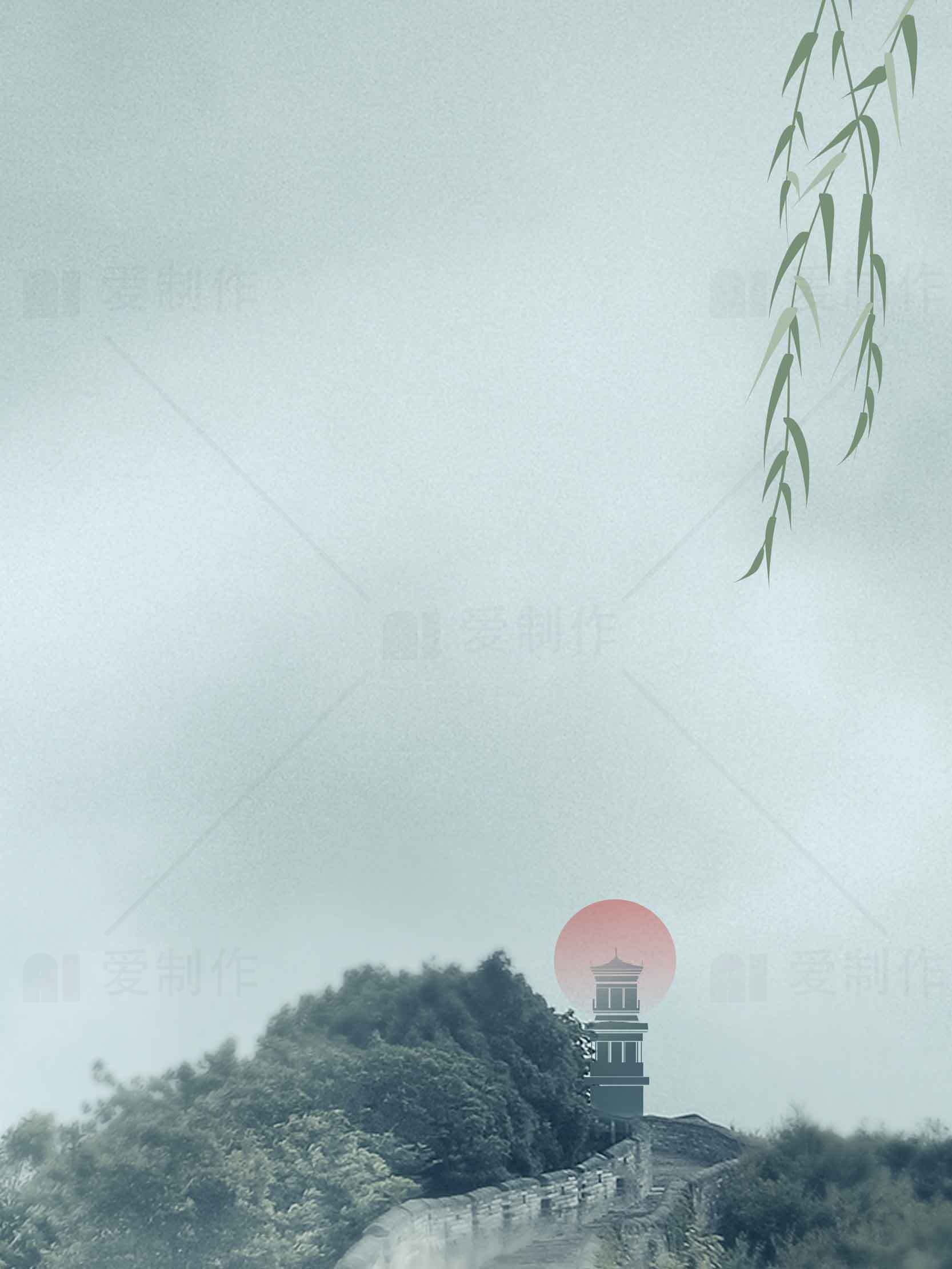 唯美中国风意境图片：柳枝与灯塔素材