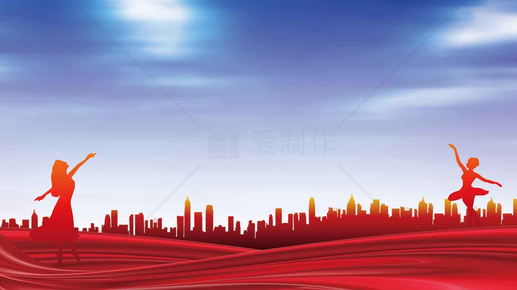 城市剪影与舞者的红色艺术背景素材
