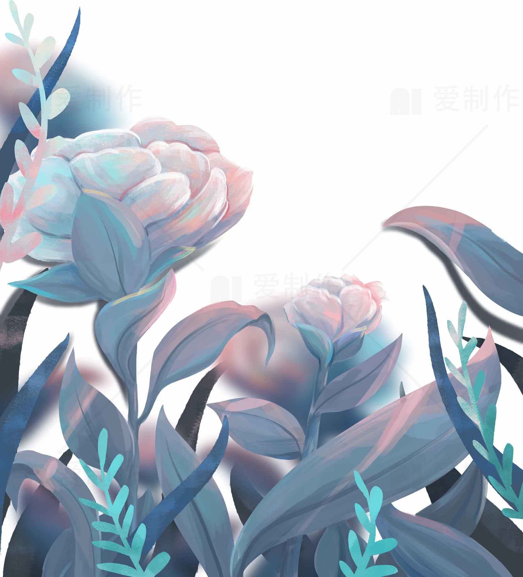 唯美手绘花卉插画：蓝紫色调艺术设计素材