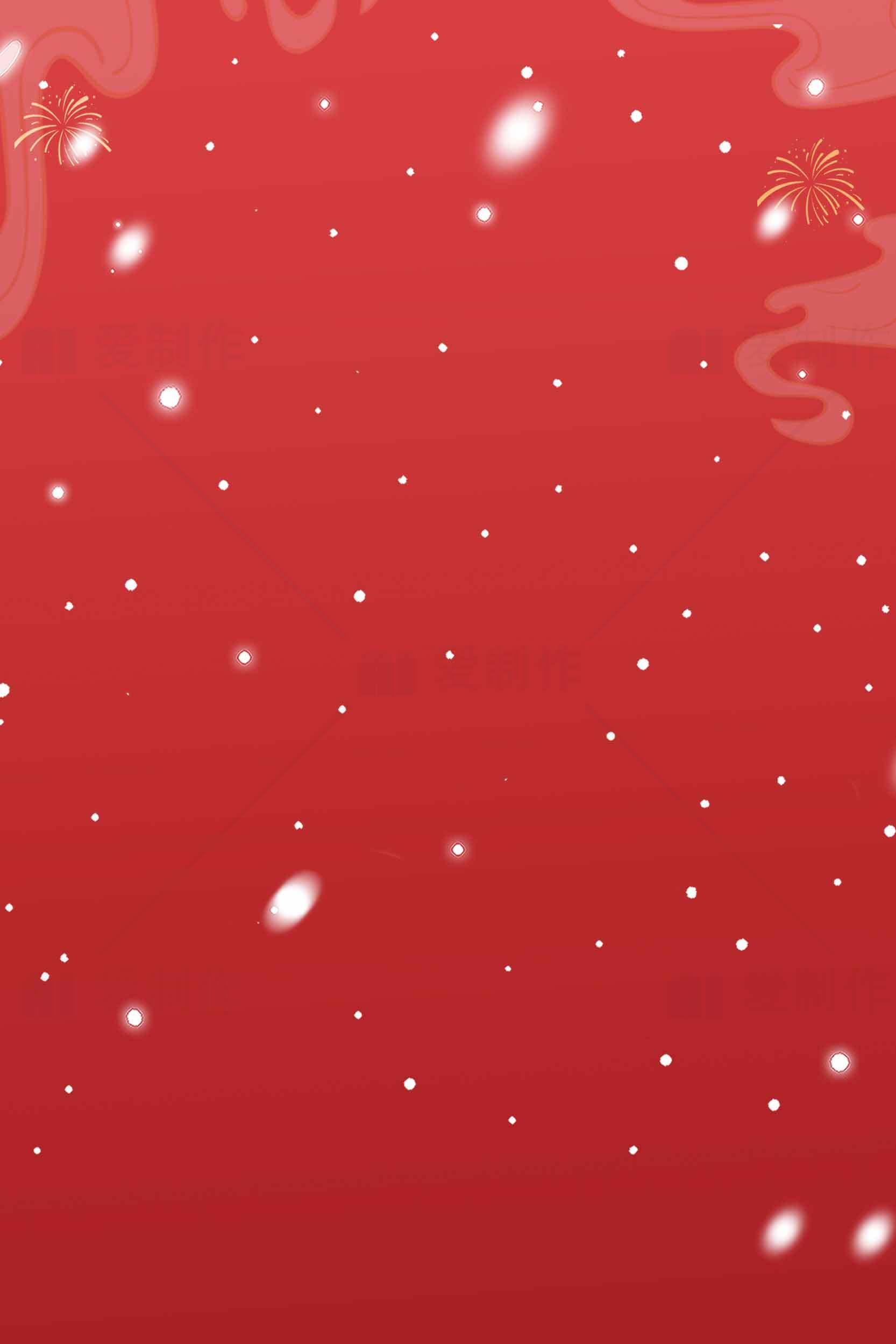 红色背景烟花与雪花新年庆祝图片素材