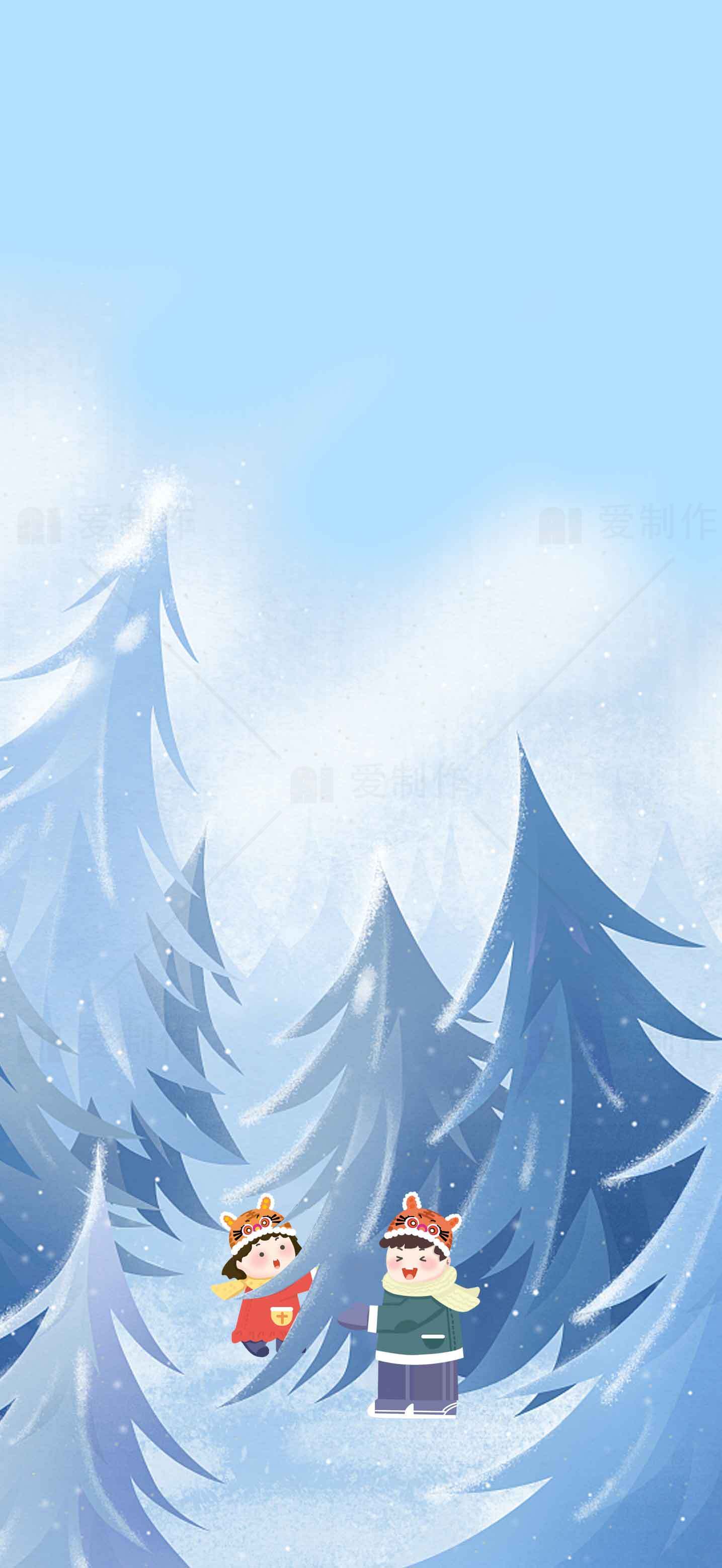 冬季雪景插画：森林中的童趣时光素材