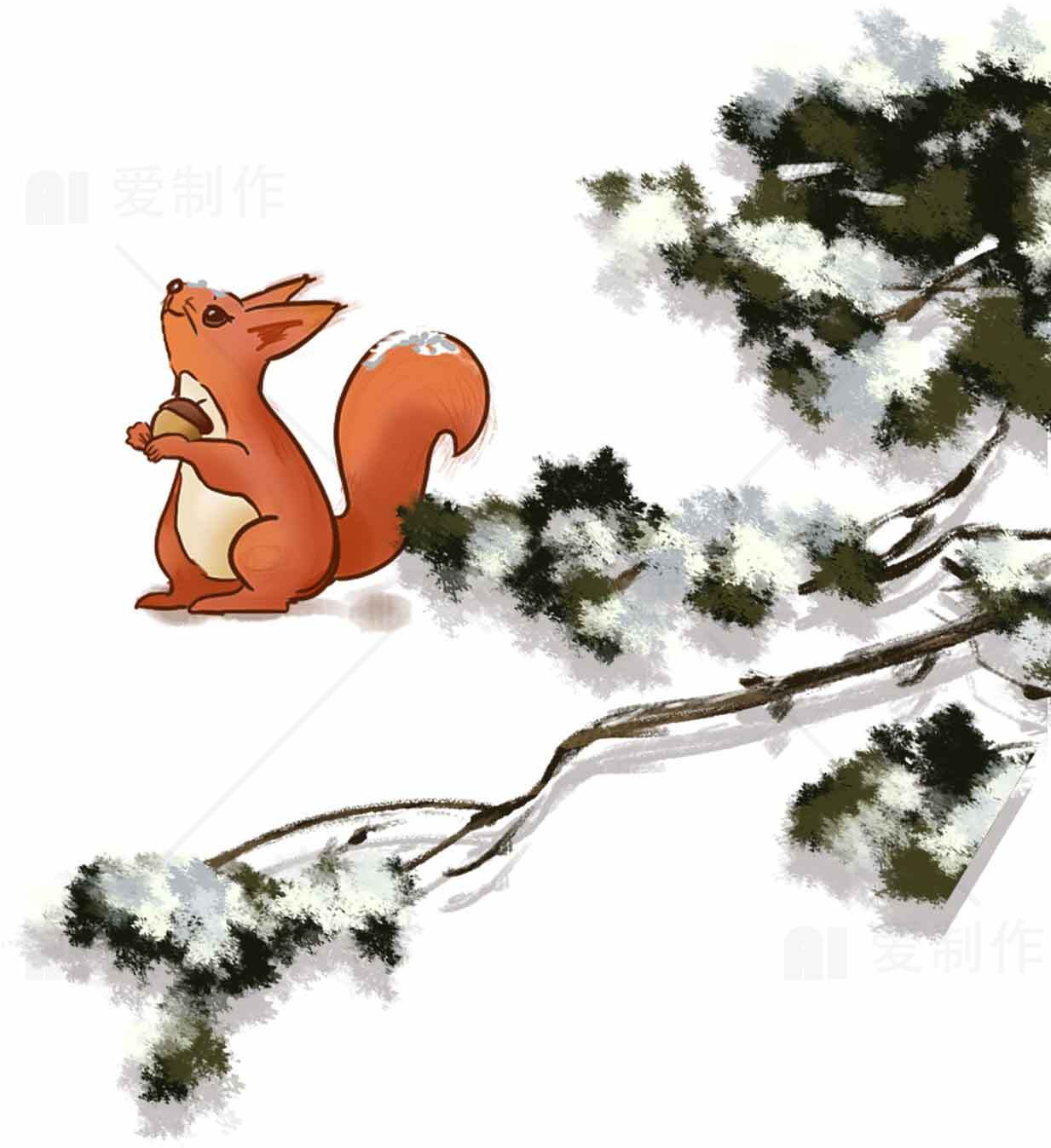 冬日松枝上的红松鼠插画素材